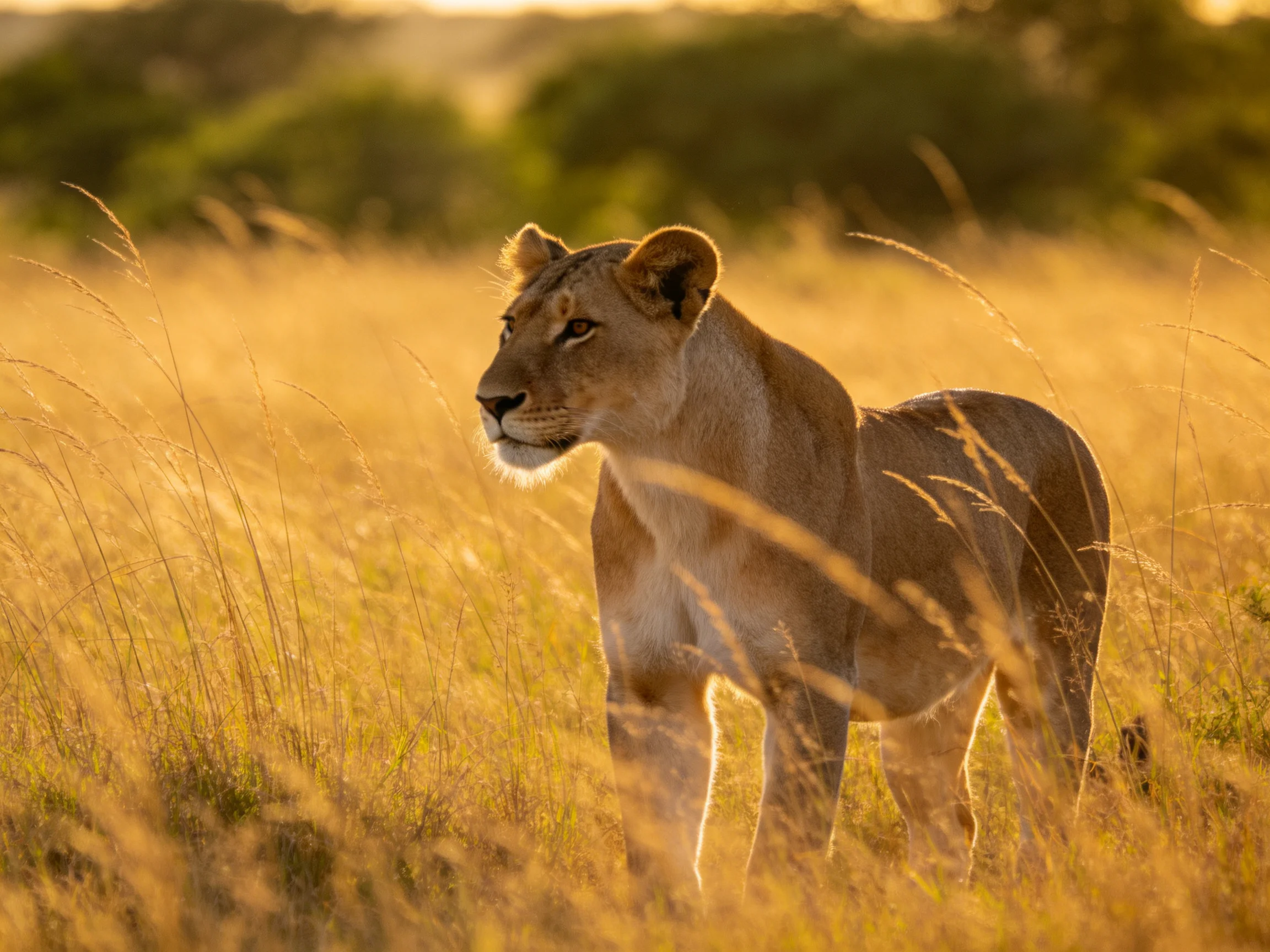 A lioness stands in tall golden savannah grass with green bushes in the distance.