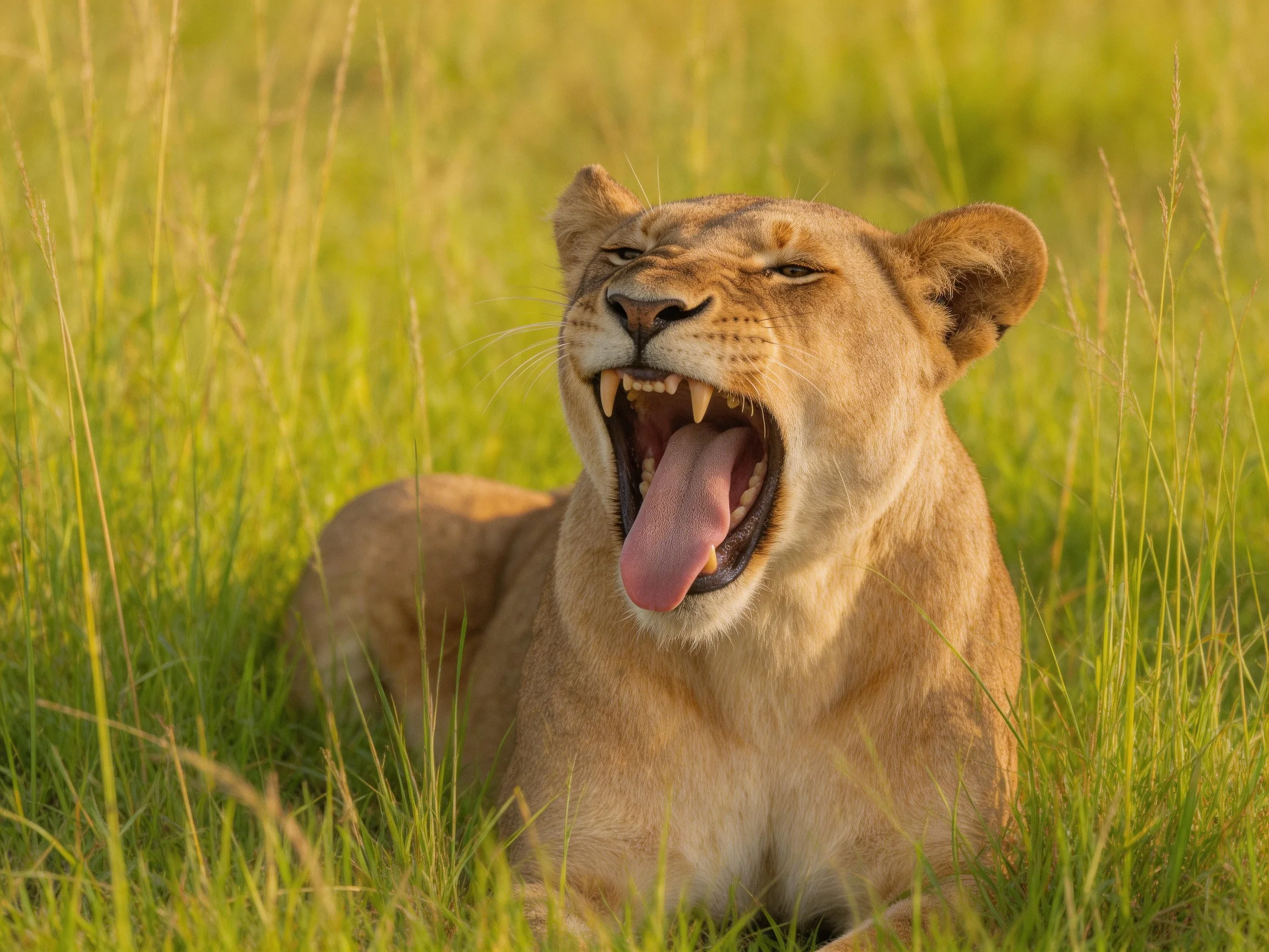 A lioness yawns while resting in sunlit tall grass.