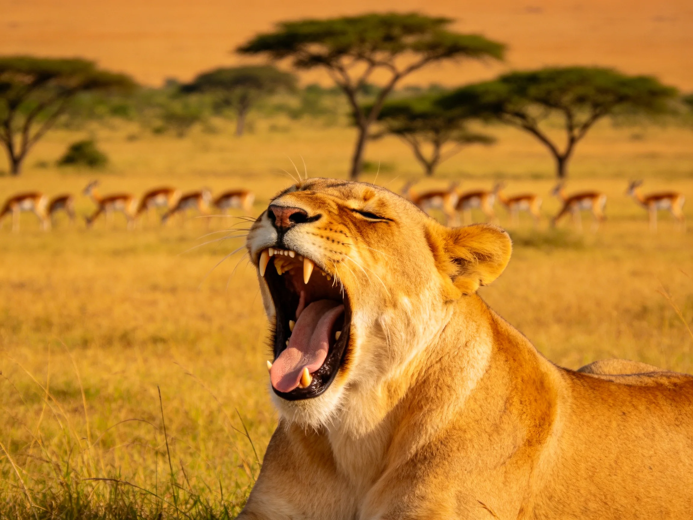 A lioness yawns in a sunlit savannah with antelopes in the distance.