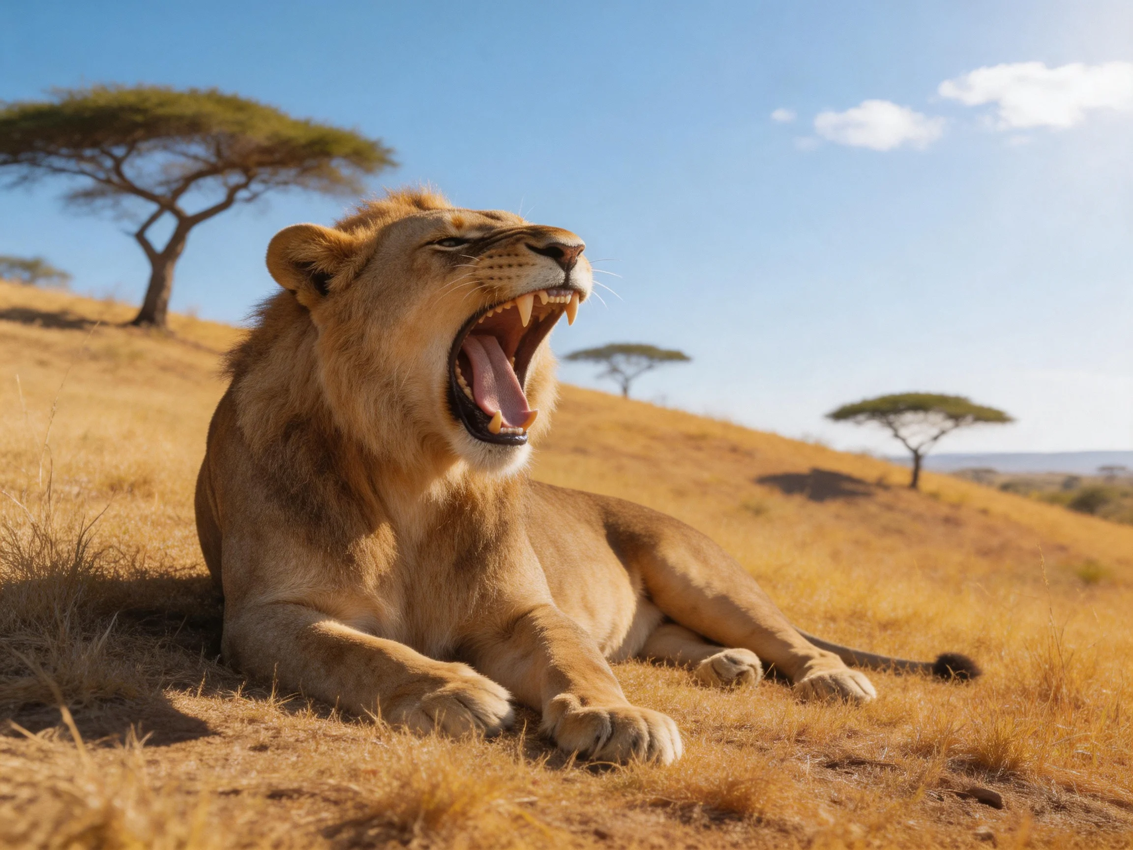 A lioness yawns on golden savannah with scattered acacia trees