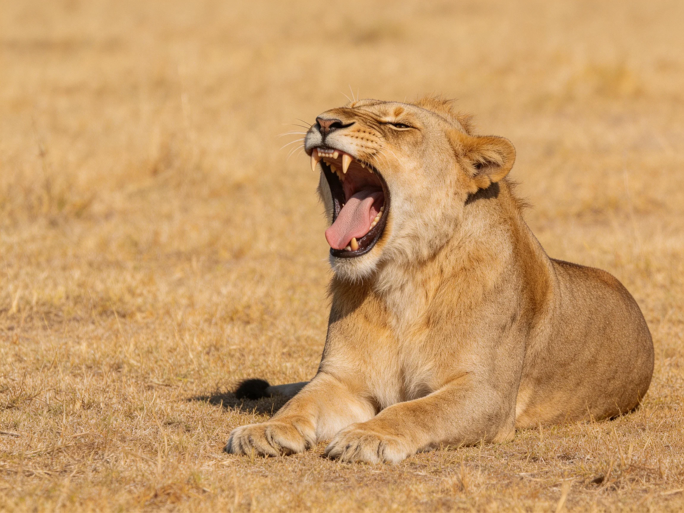 A lioness yawns widely on sun-baked golden savannah grass