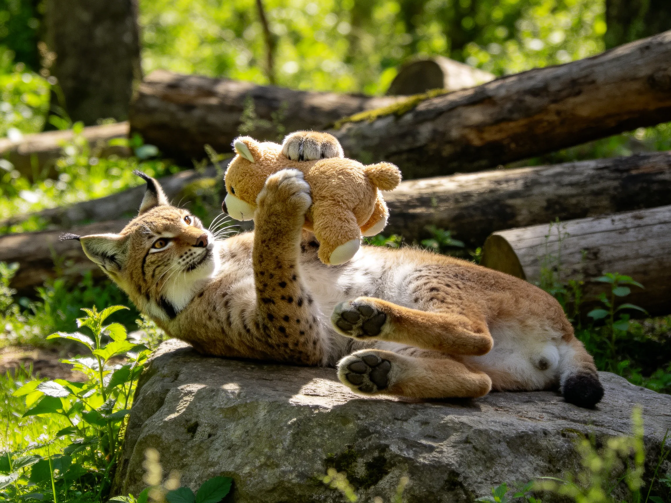A lynx cub plays with a plush toy near forest logs