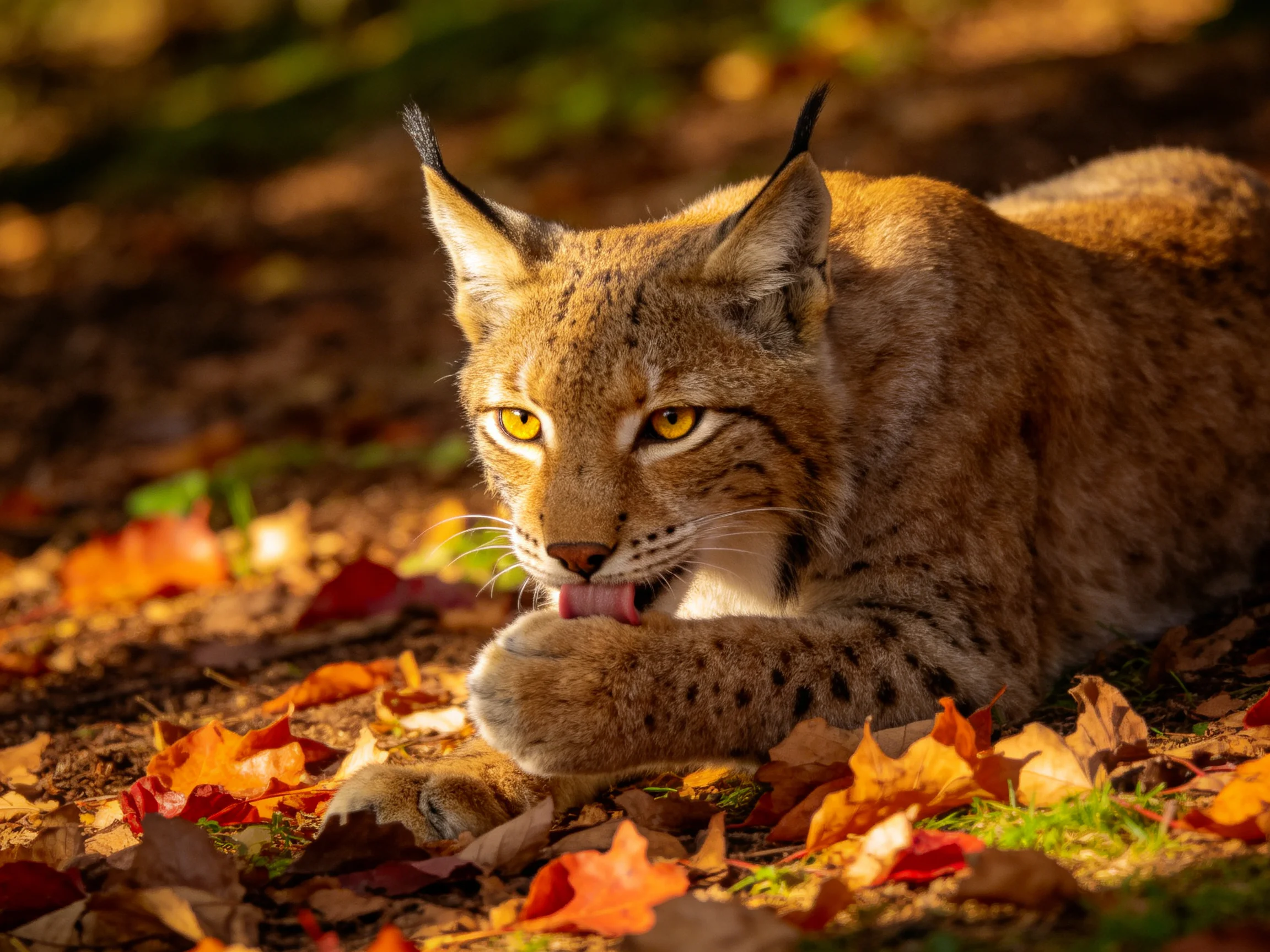 A lynx grooms itself among autumn leaves in a sunlit natural setting.