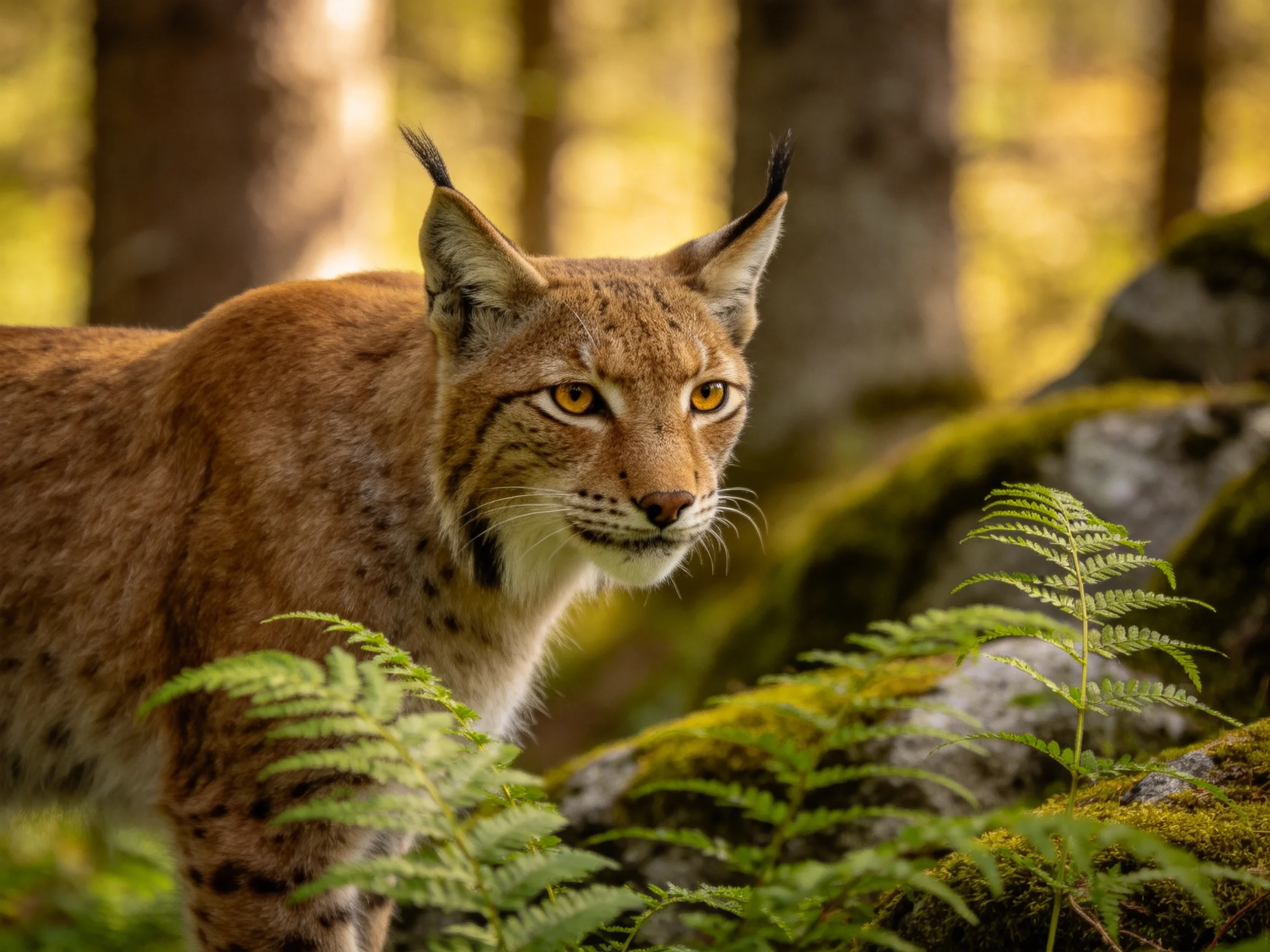 A lynx in a moss-laden forest with ferns and rocks
