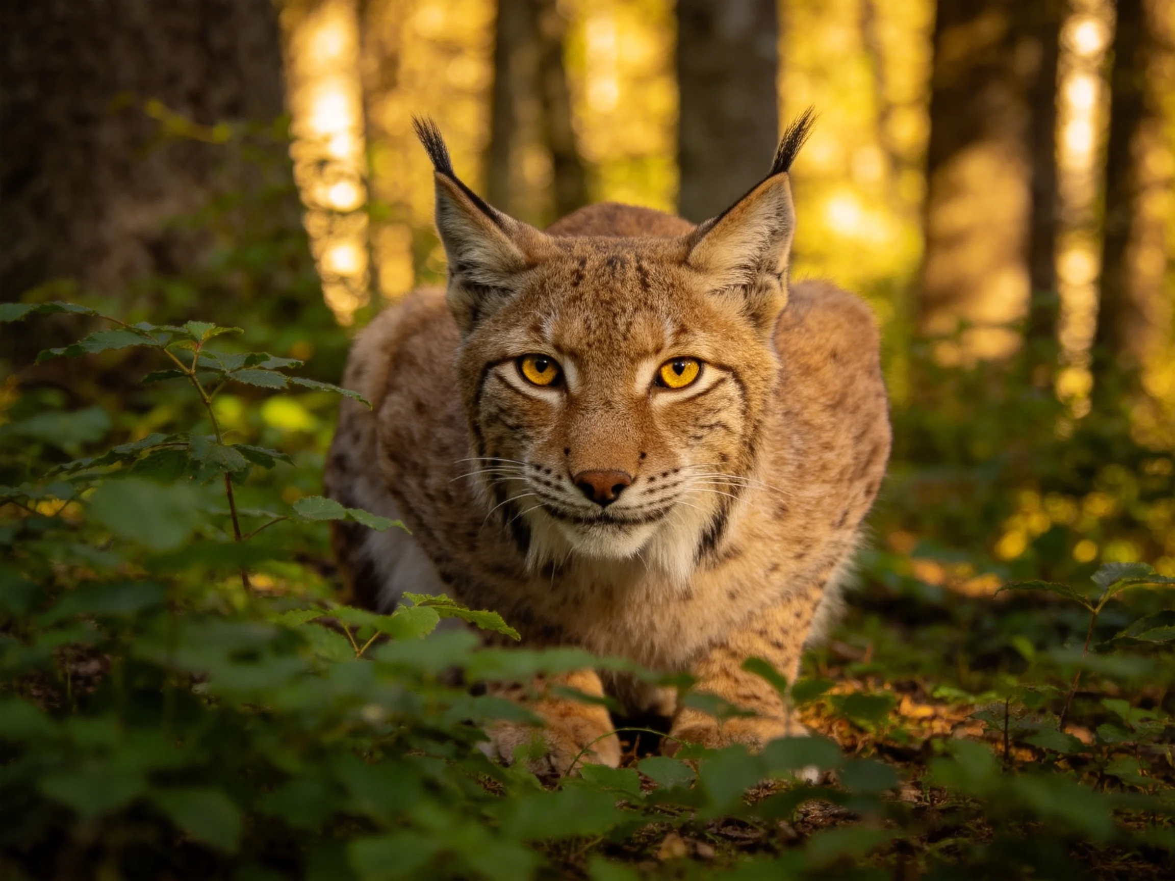 A lynx moves through a sunlit forest surrounded by dense green vegetation.
