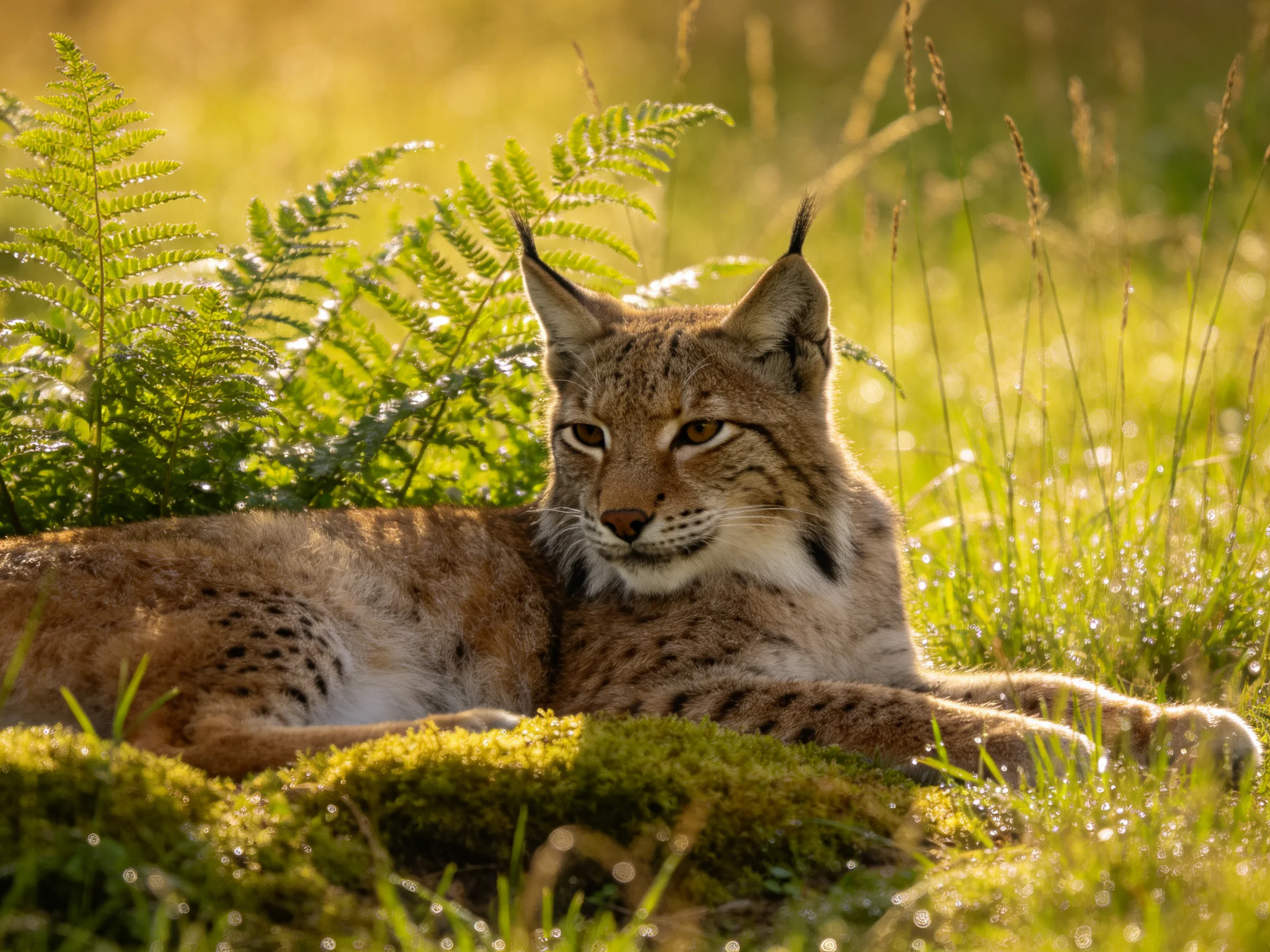 A lynx rests peacefully in a sun-dappled meadow with ferns
