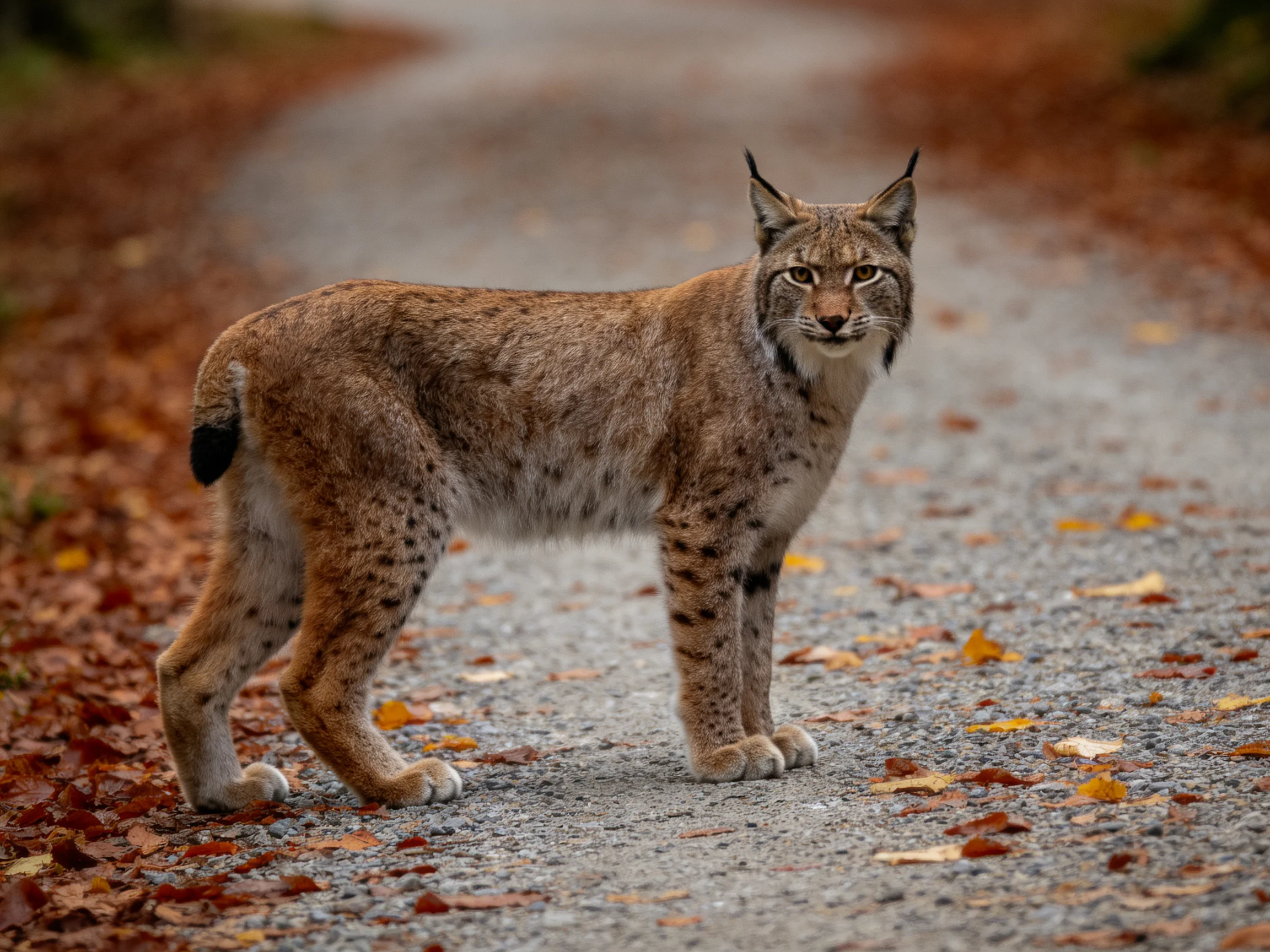 A lynx pauses on a leaf-covered forest path