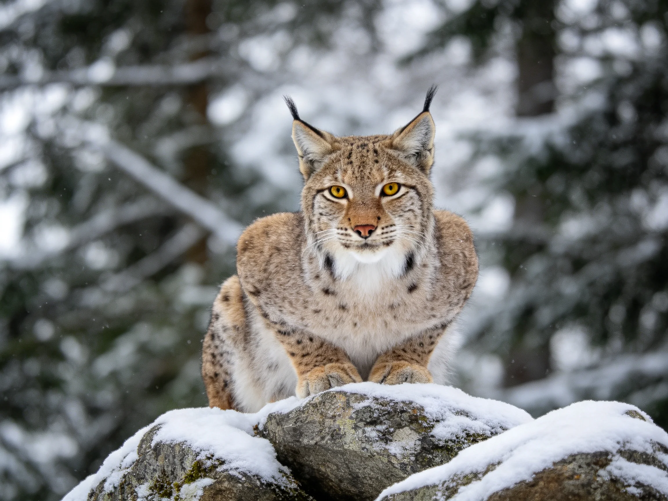 A lynx sits on snow-laden rocks within a snowy forest
