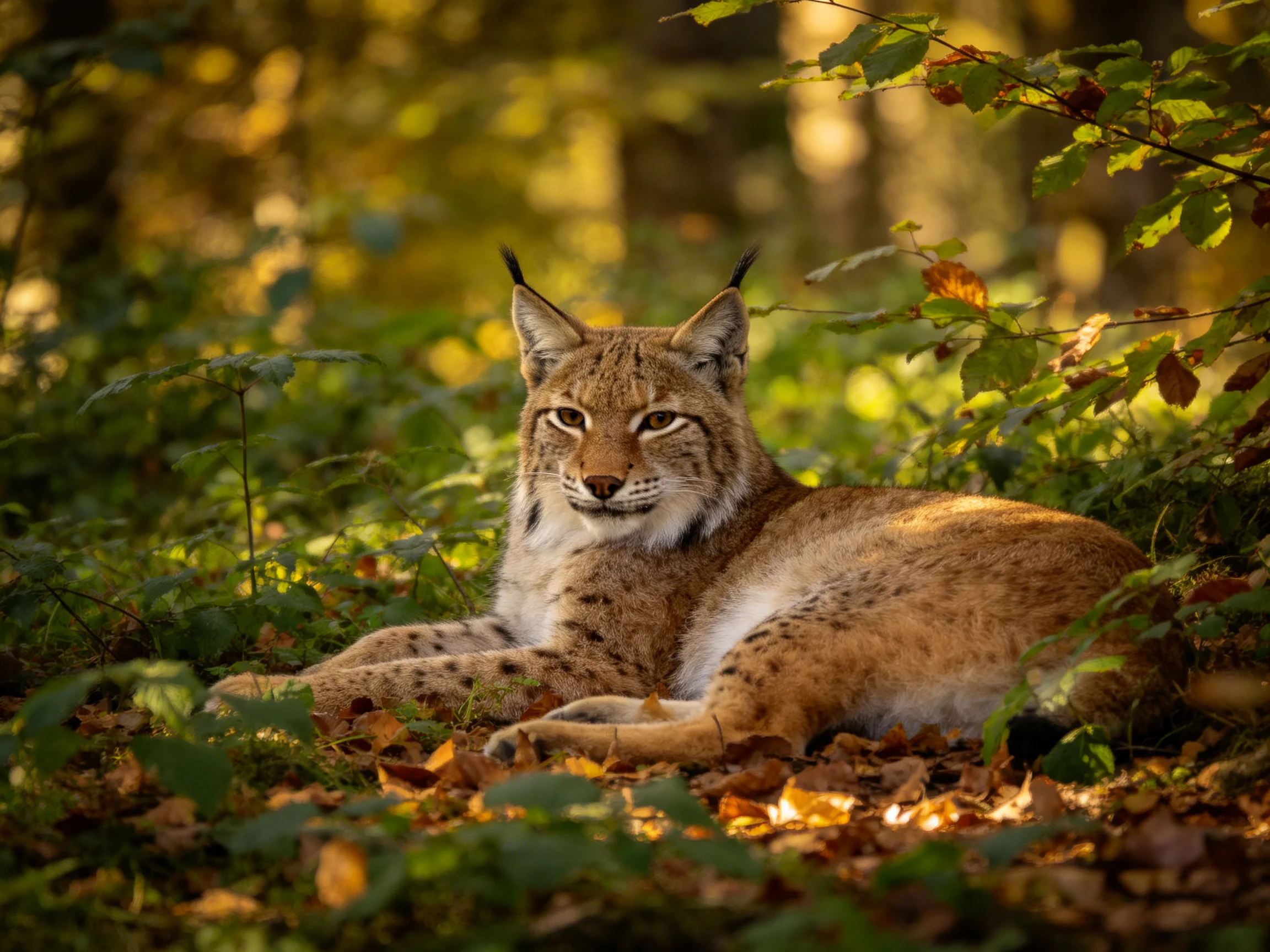 A lynx lies calmly among dense vegetation and fallen leaves in a sun-dappled forest.