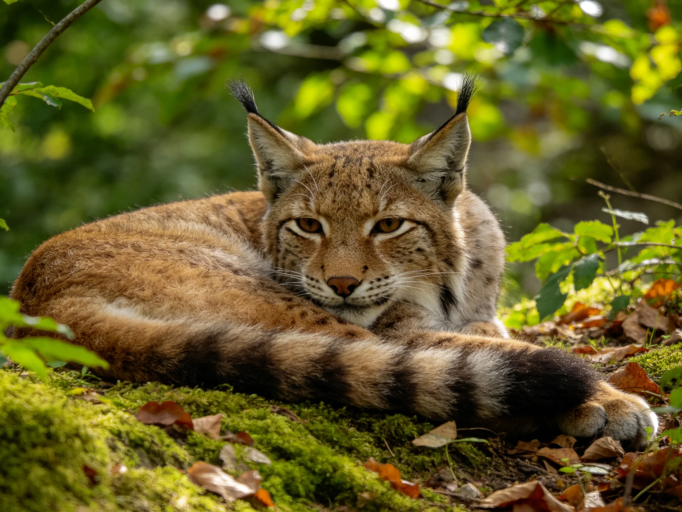 A lynx rests on mossy ground amid lush green foliage