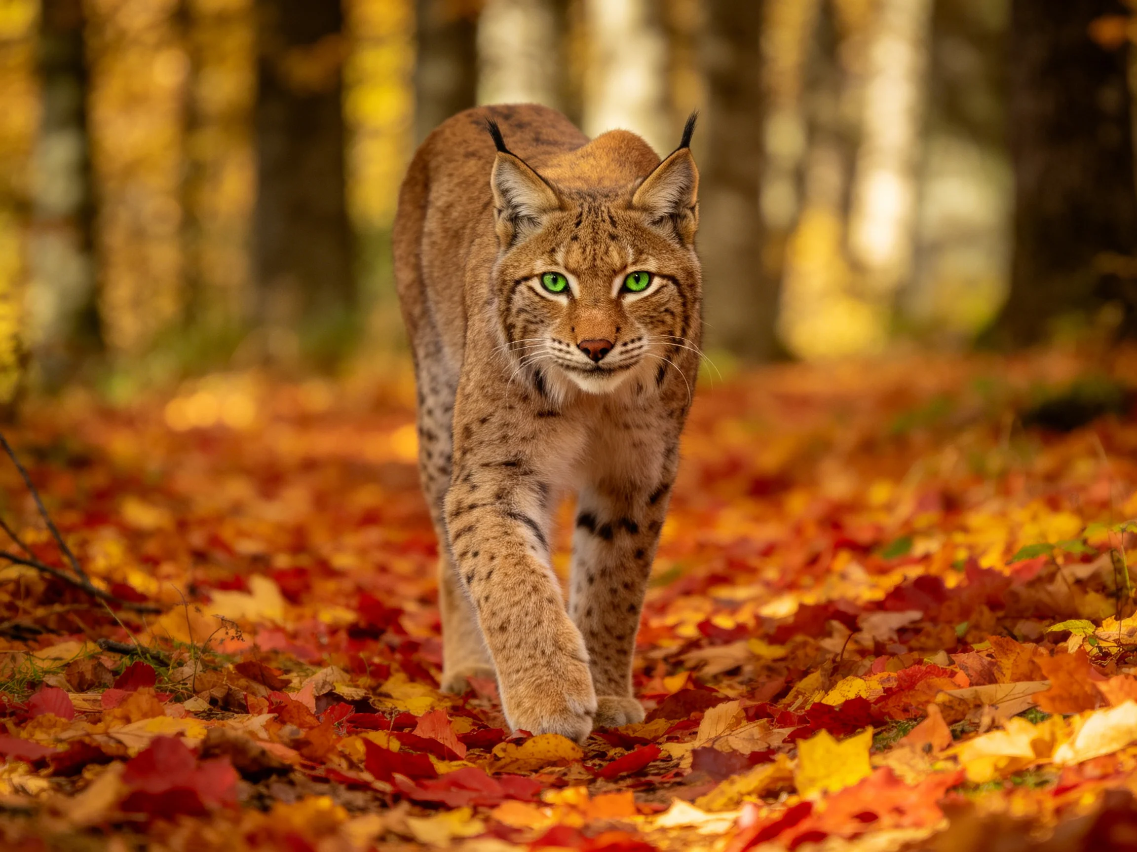 A lynx roams a forest carpeted with autumn-hued leaves
