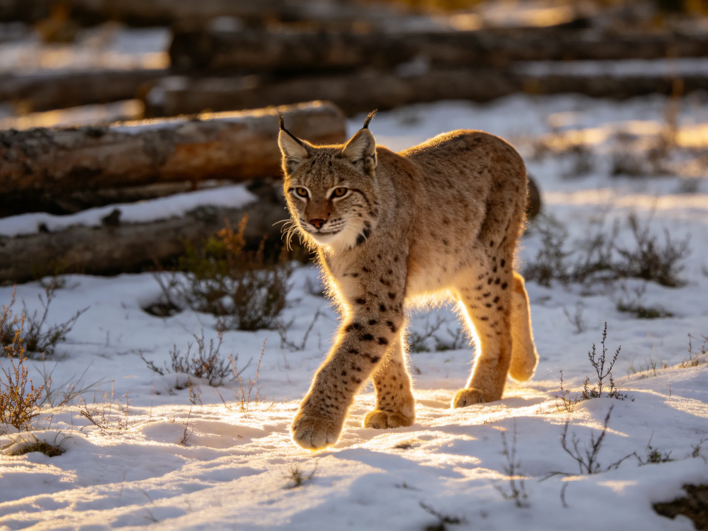 A lynx moves through a snowy area under sunlight.