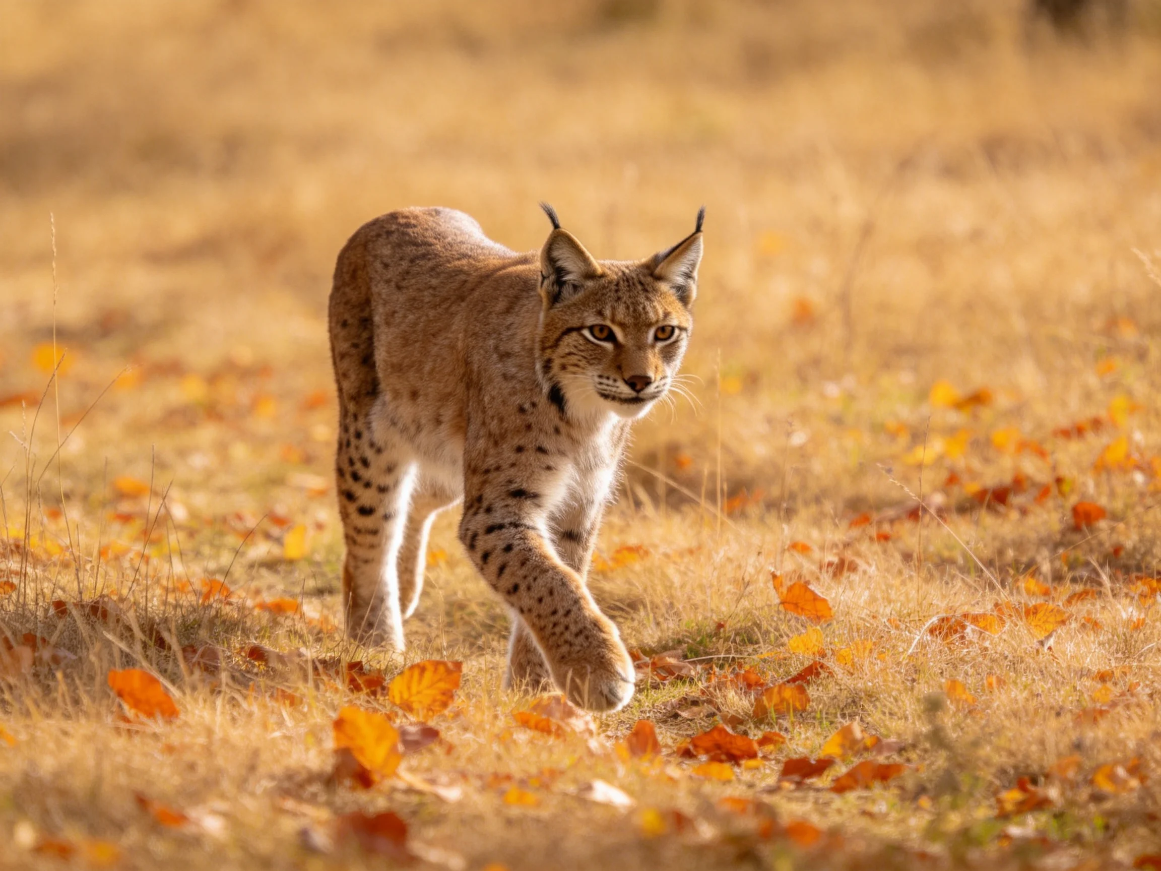 A lynx moves through a sunlit autumn field with scattered leaves