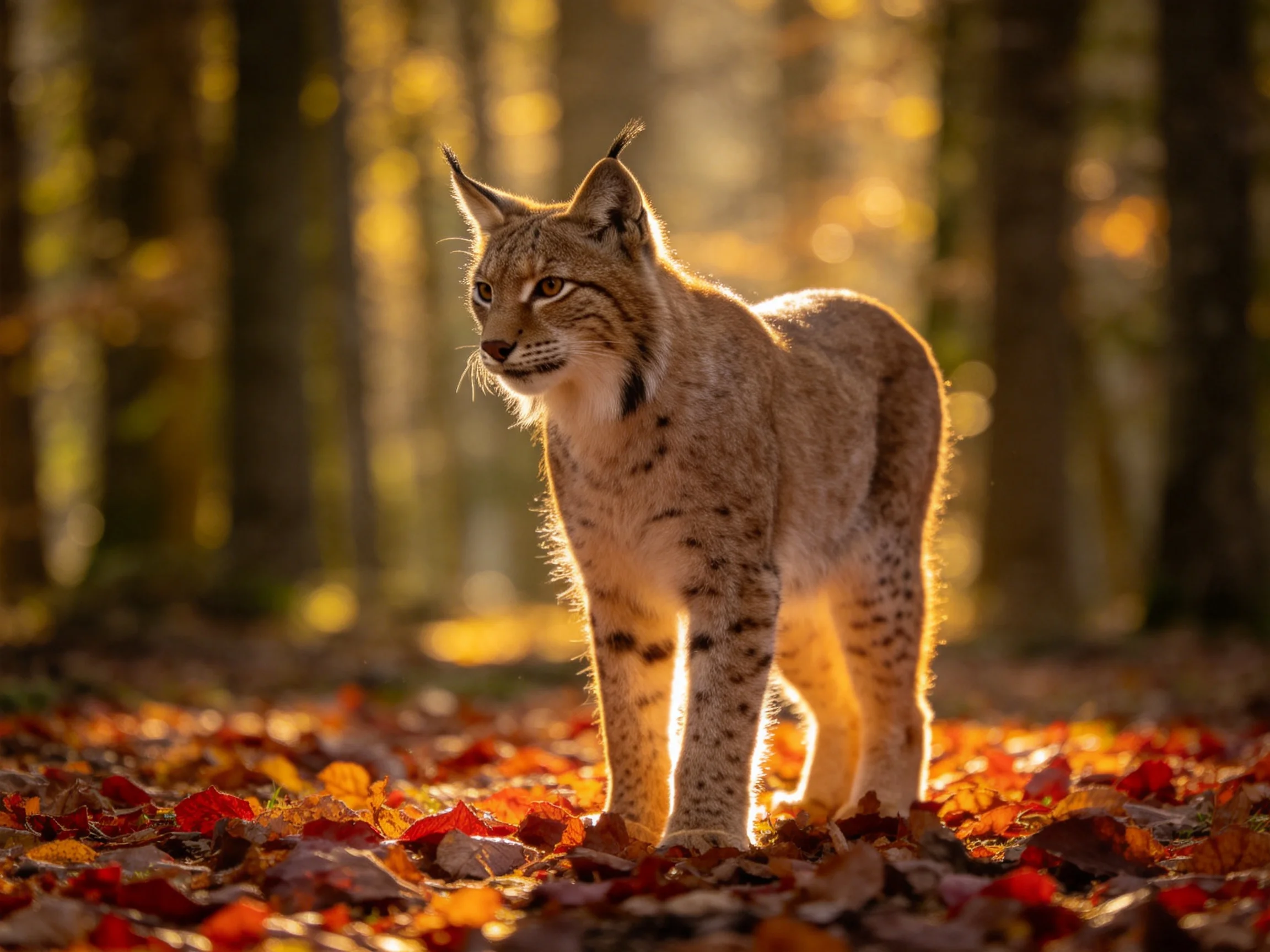 A lynx roams through golden-hued autumn leaves in a sun-drenched forest