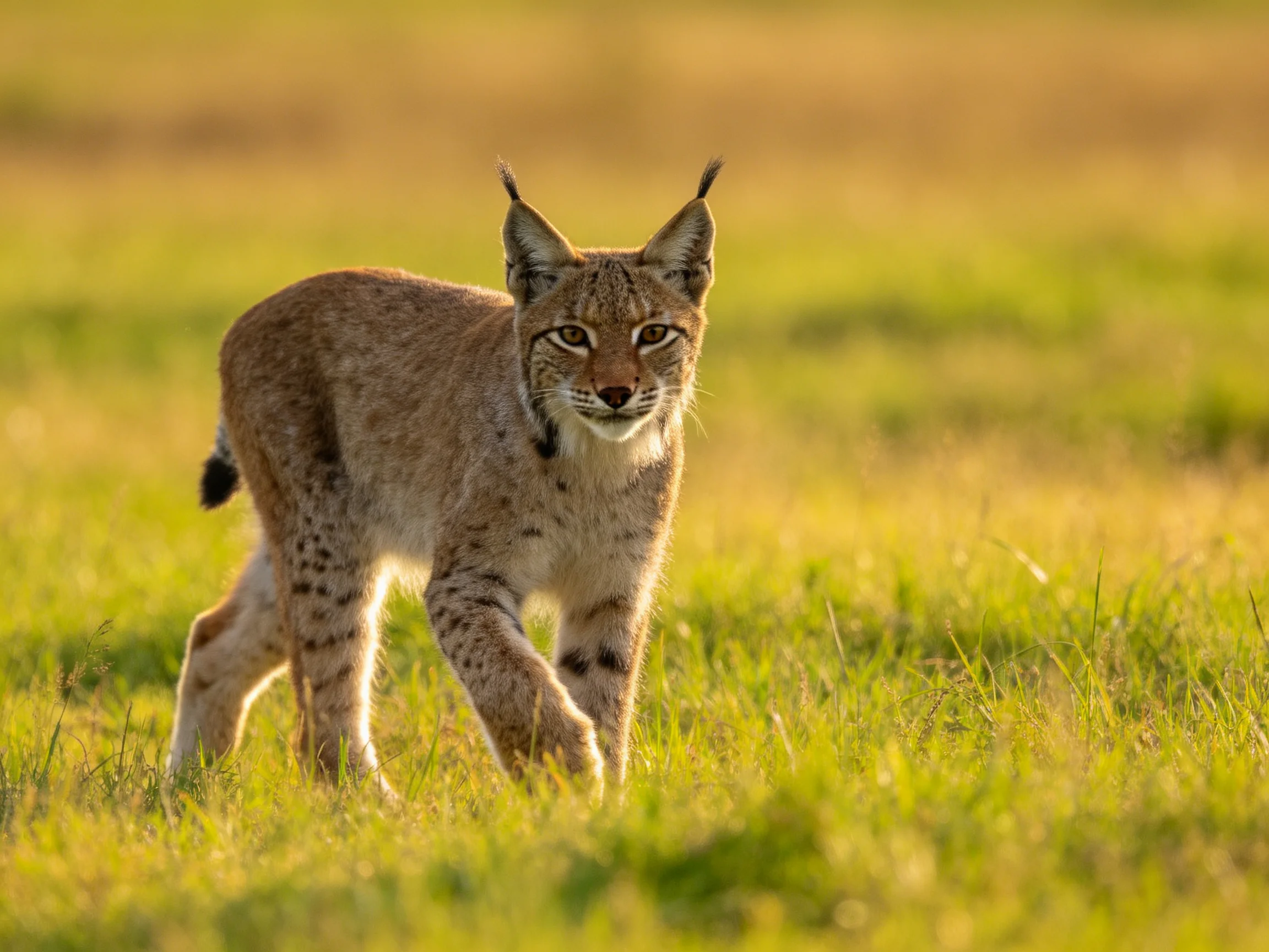 A lynx moves through sunlit grassy terrain.