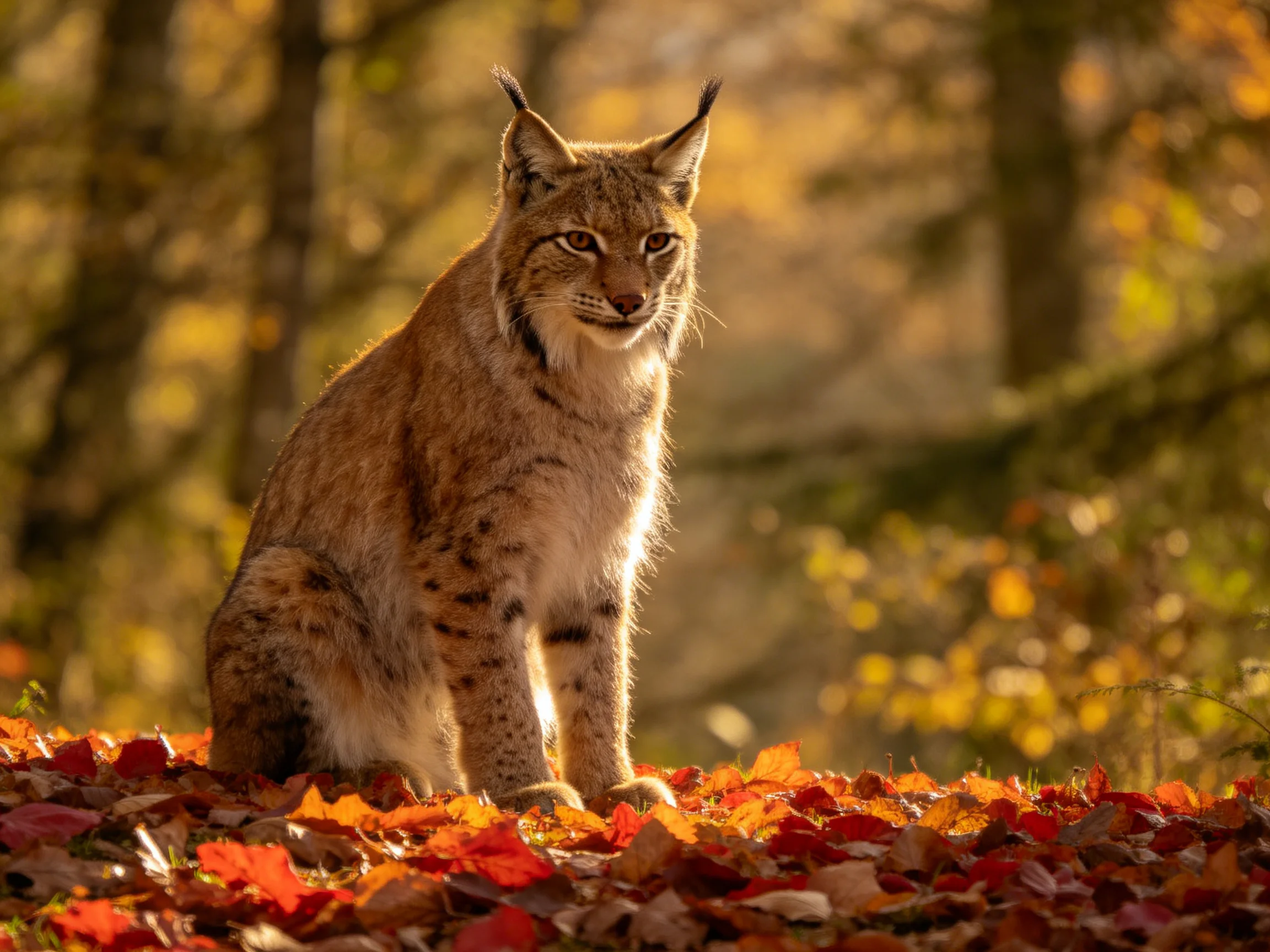 A lynx rests on colorful fallen leaves in a sunlit forest environment.