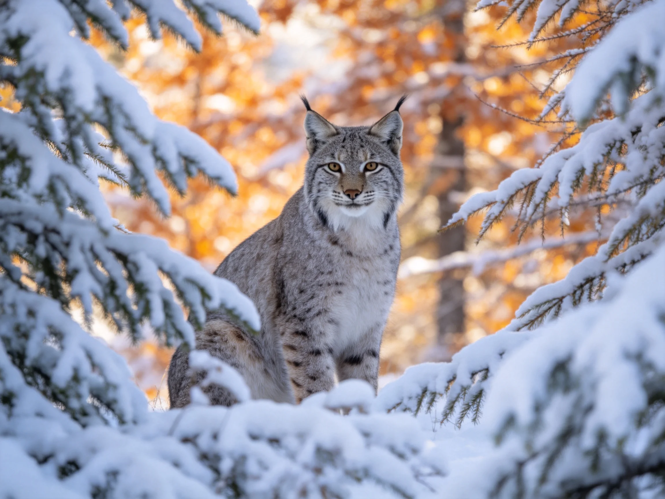 A lynx is nestled among snow-laden evergreen branches with autumn-colored trees.