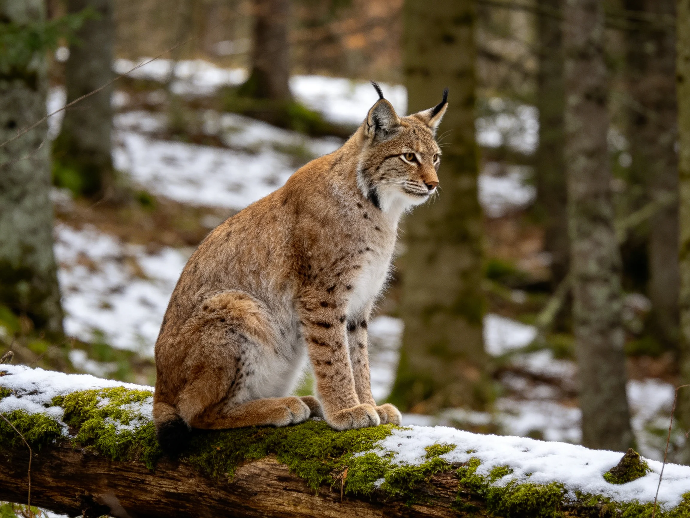 A lynx rests on a mossy, snow-dusted log in a snowy forest.