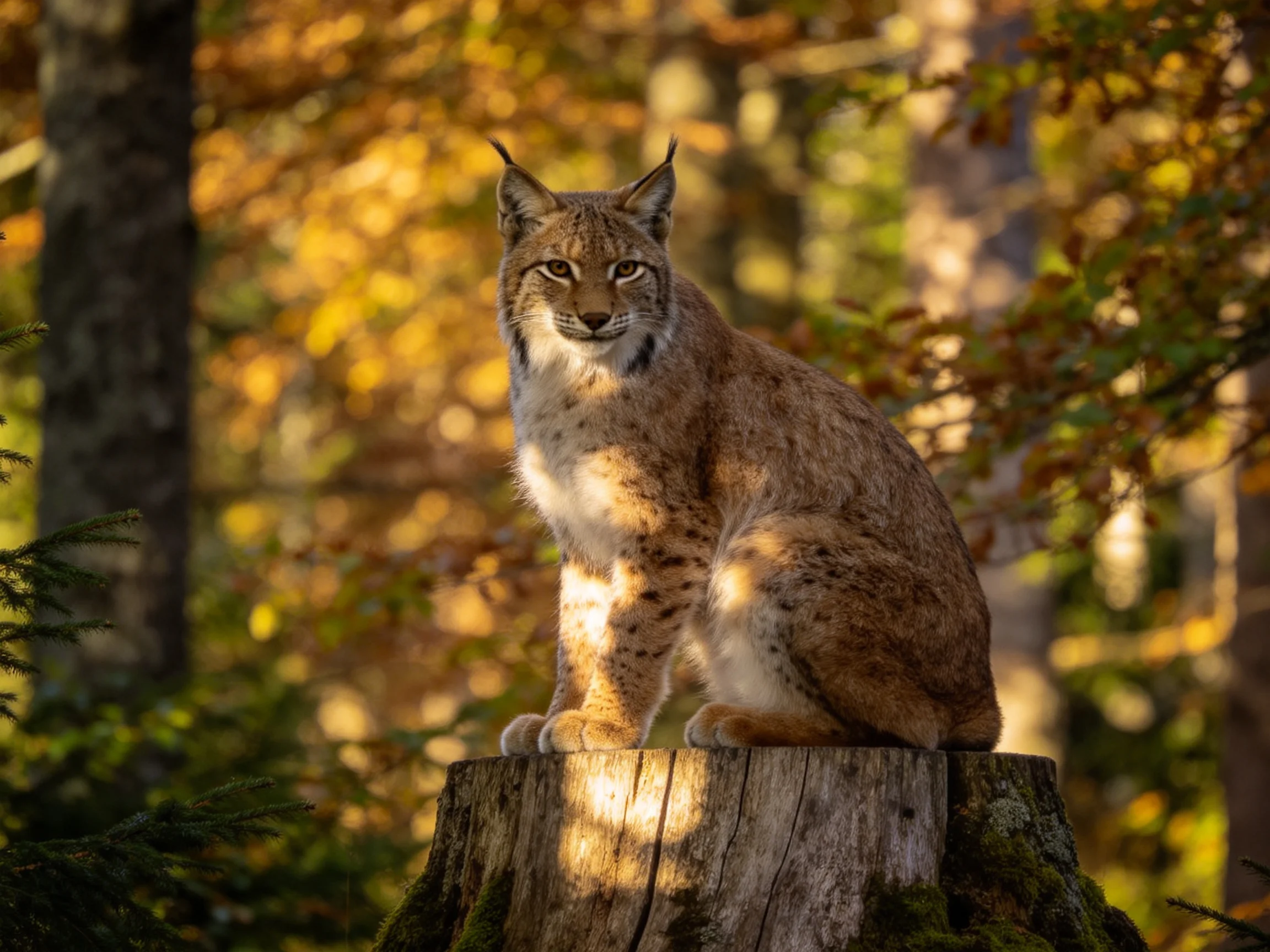 A lynx rests on a tree stump in a sun-dappled autumn forest.