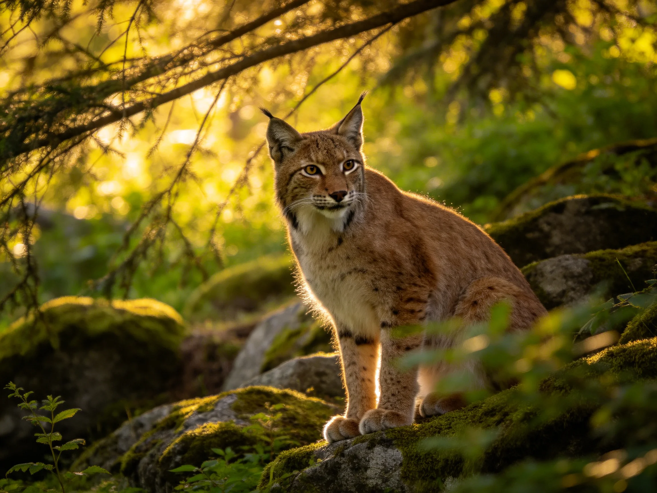 A lynx sits atop moss-covered rocks in a sun-dappled forest
