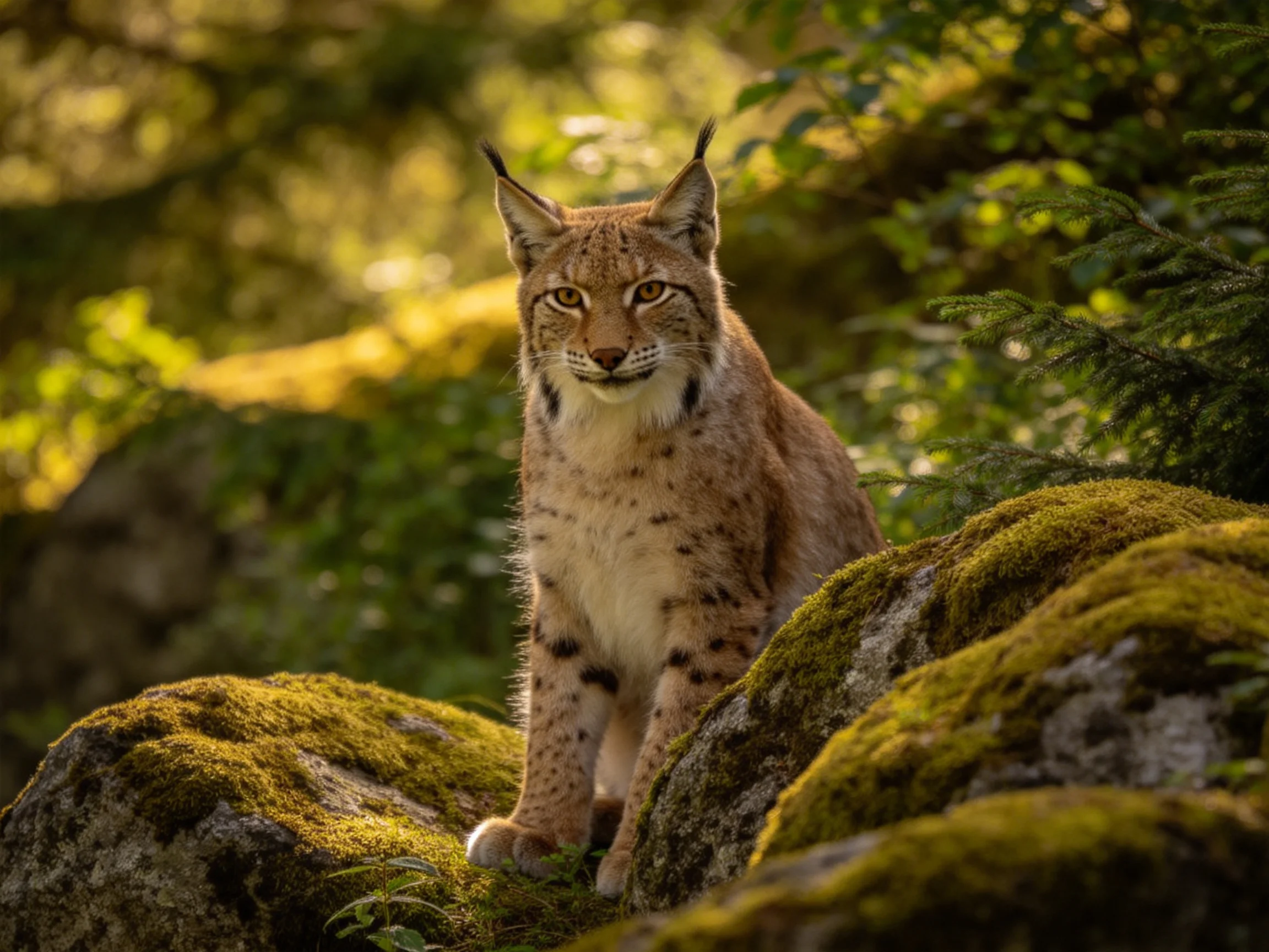 A lynx rests among moss-laden rocks in a sunlit woodland.