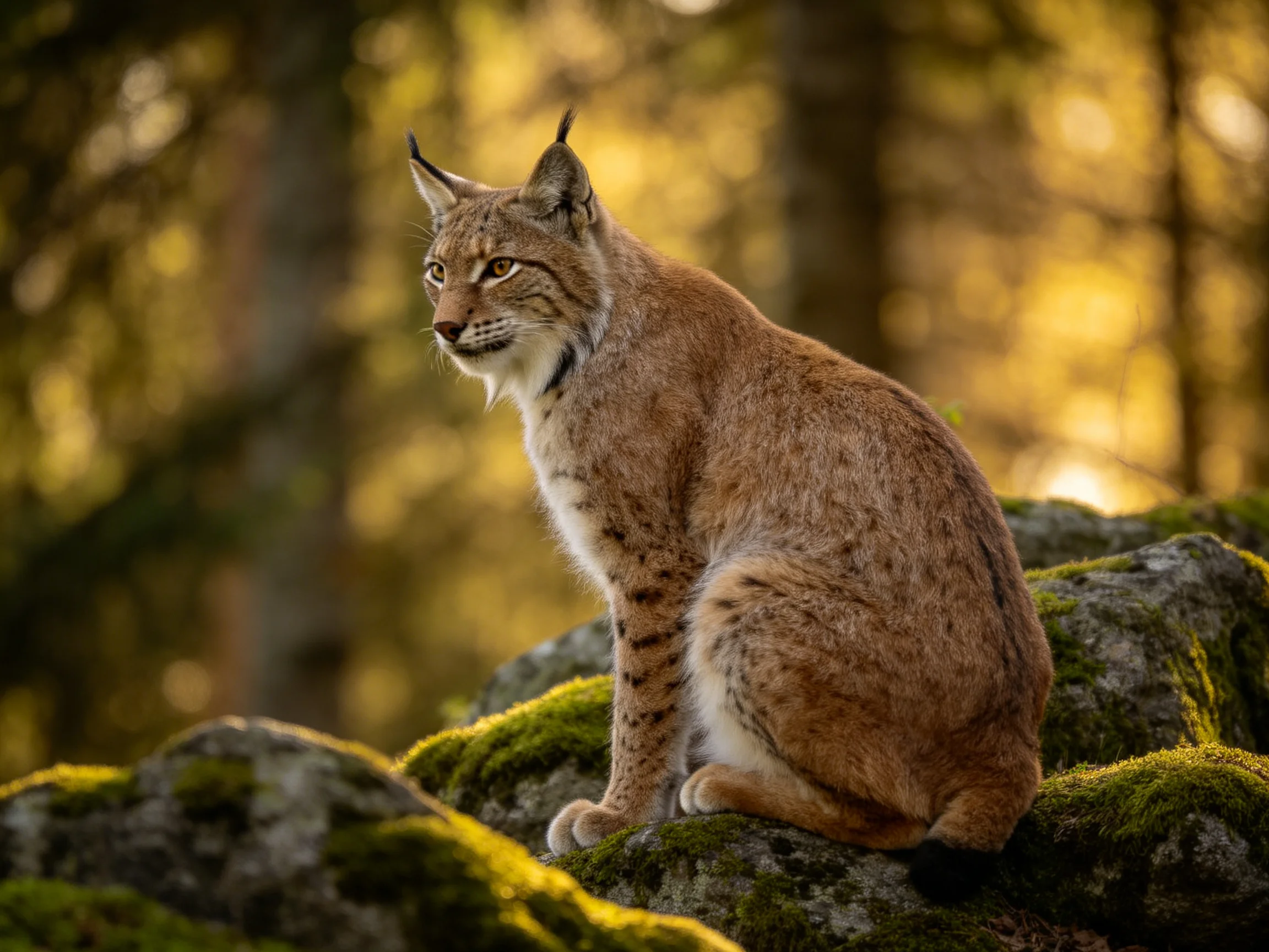 A lynx rests on mossy rocks in a sunlit forest.
