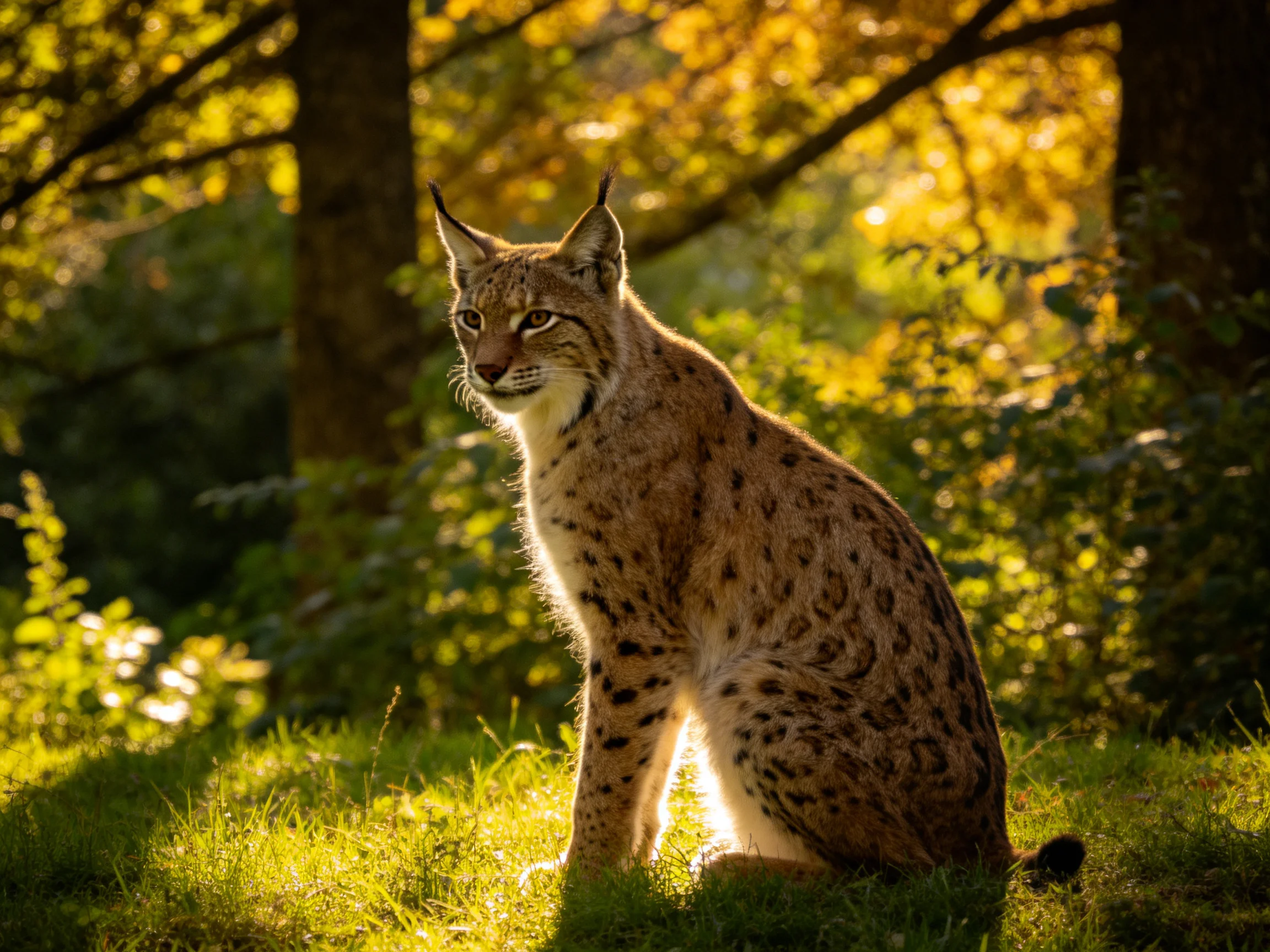 A lynx rests in a sunlit forest glade amid greenery and trees.