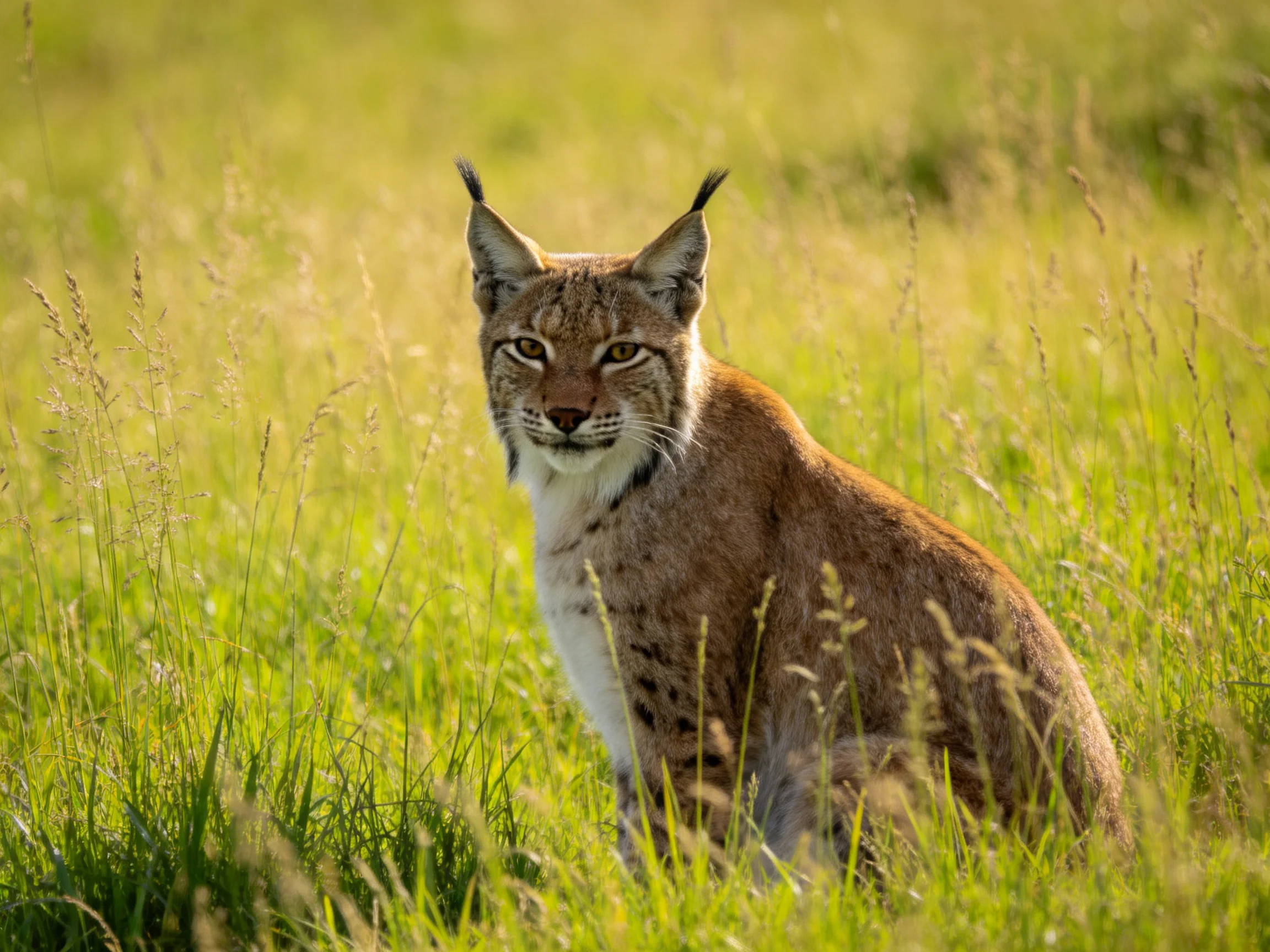 A lynx sits calmly in tall green grass within a sunlit landscape