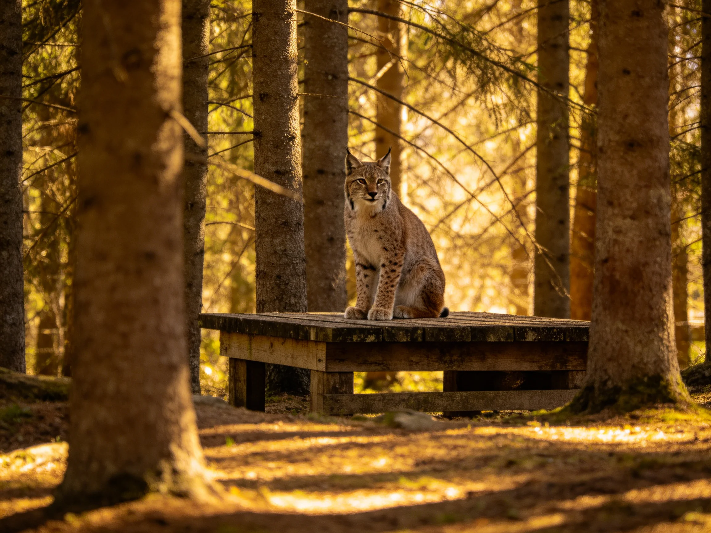 A lynx sits on a wooden platform amid tall pine trees in golden light