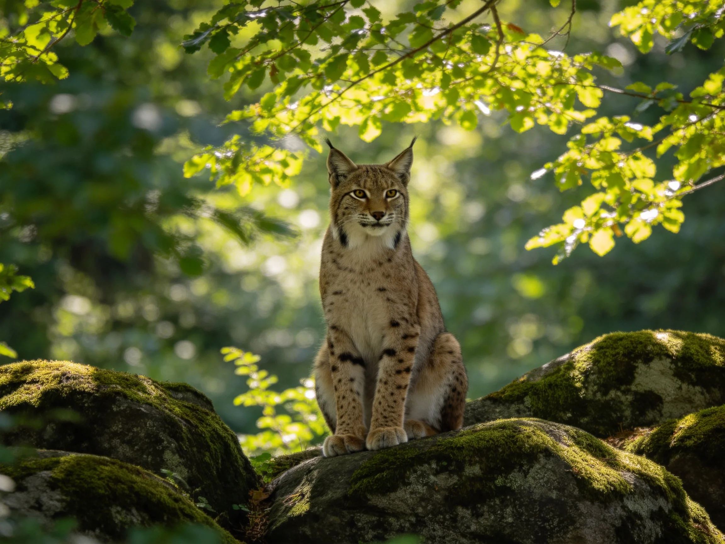 A lynx perches on mossy rocks amid a sunlit forest setting.