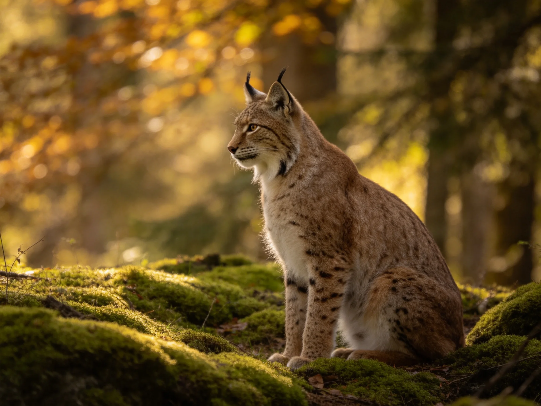 A lynx sits on mossy ground amid golden forest light