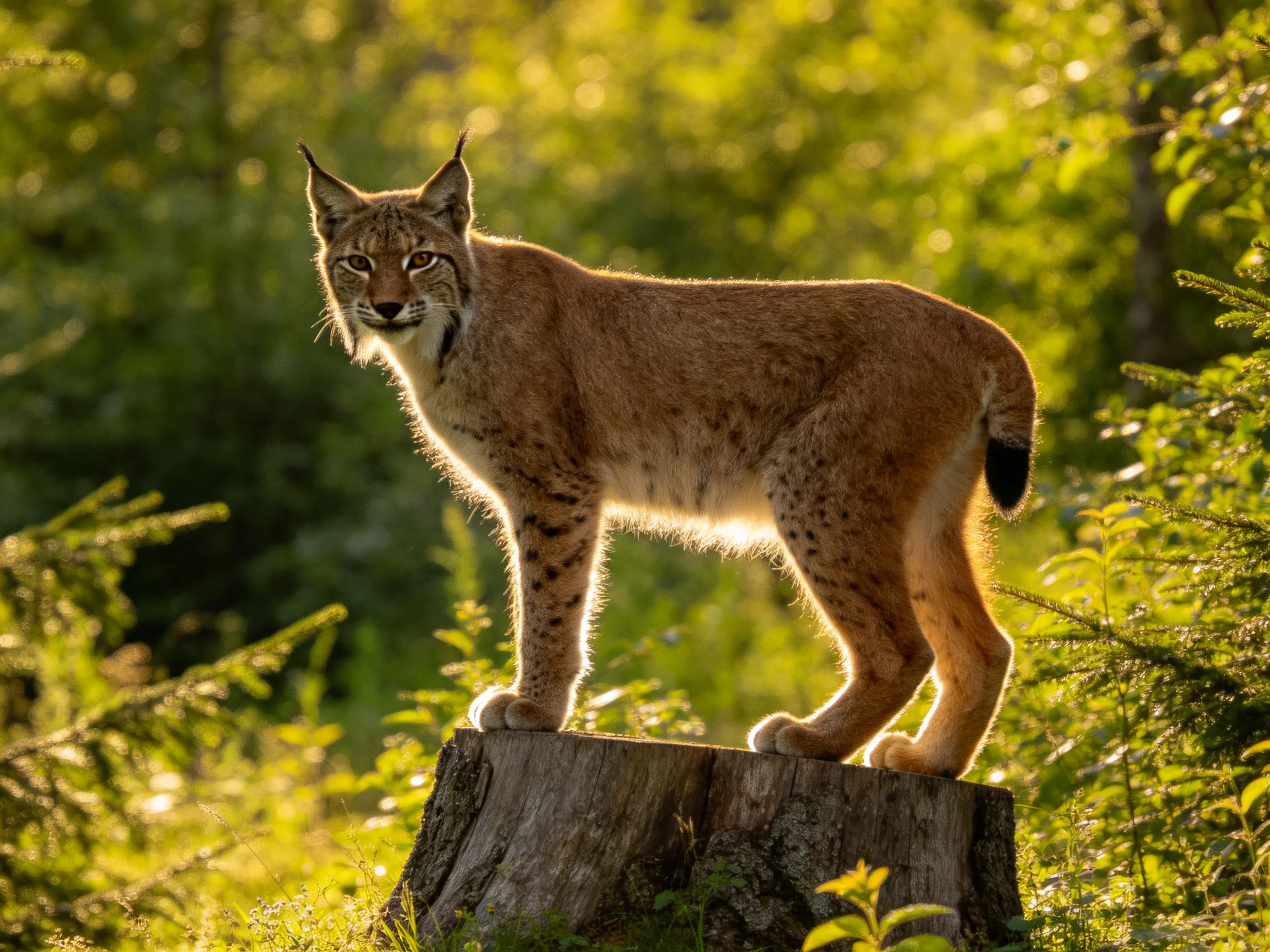 A lynx stands on a tree stump amidst dense, sunlit vegetation.