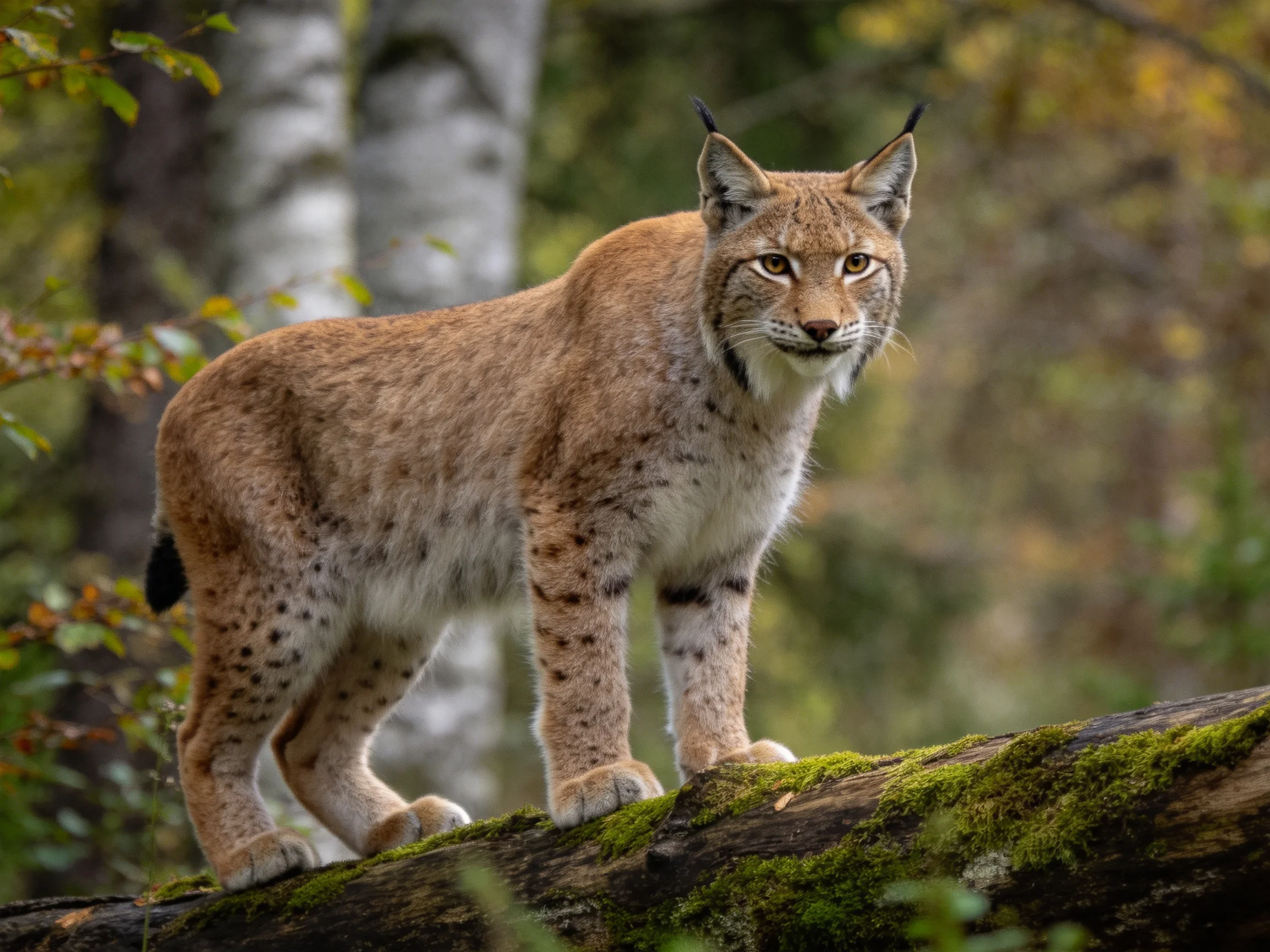 A lynx stands alert on a mossy log within a wooded natural environment.