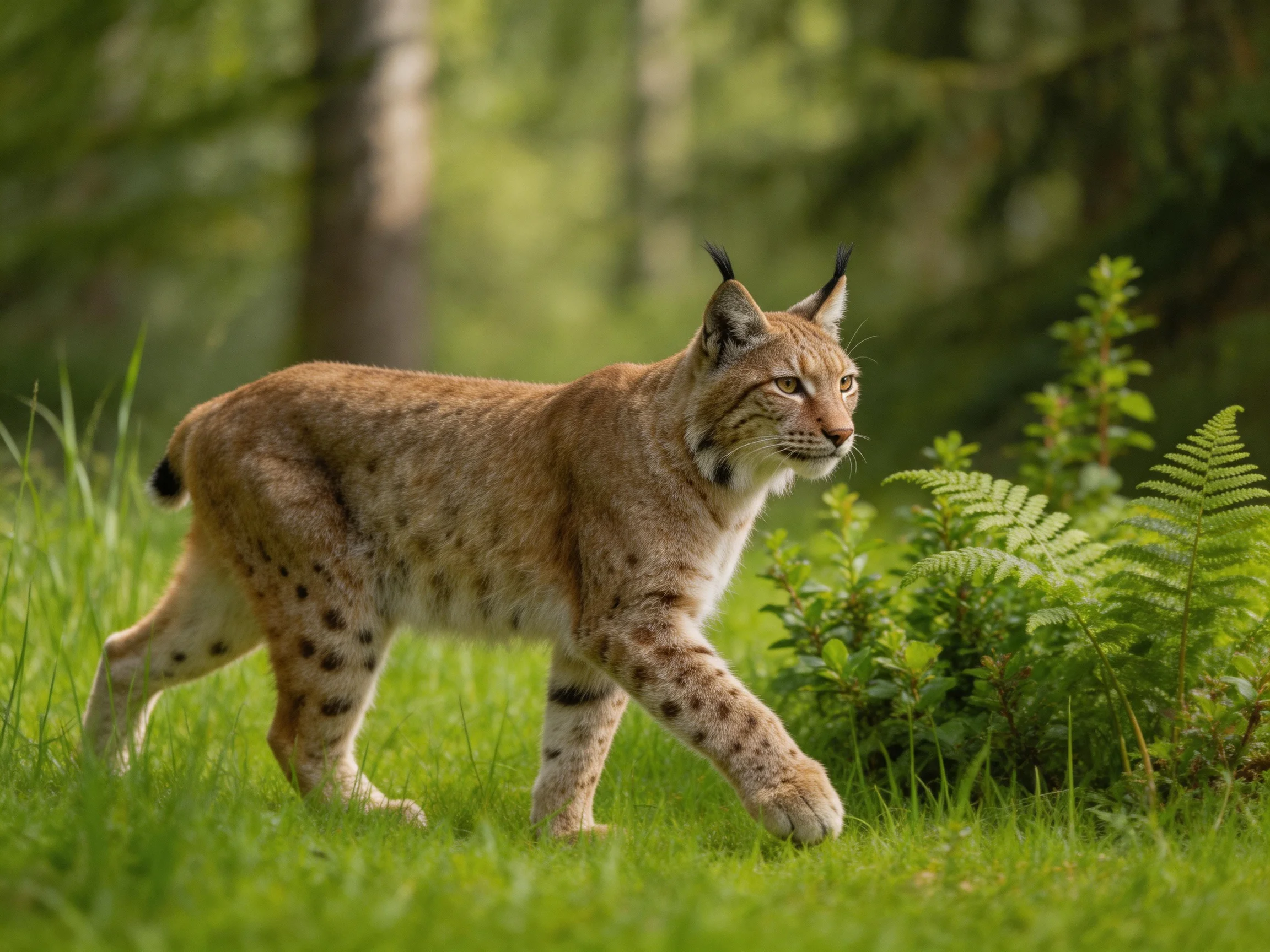 A lynx roams through lush green forest vegetation.