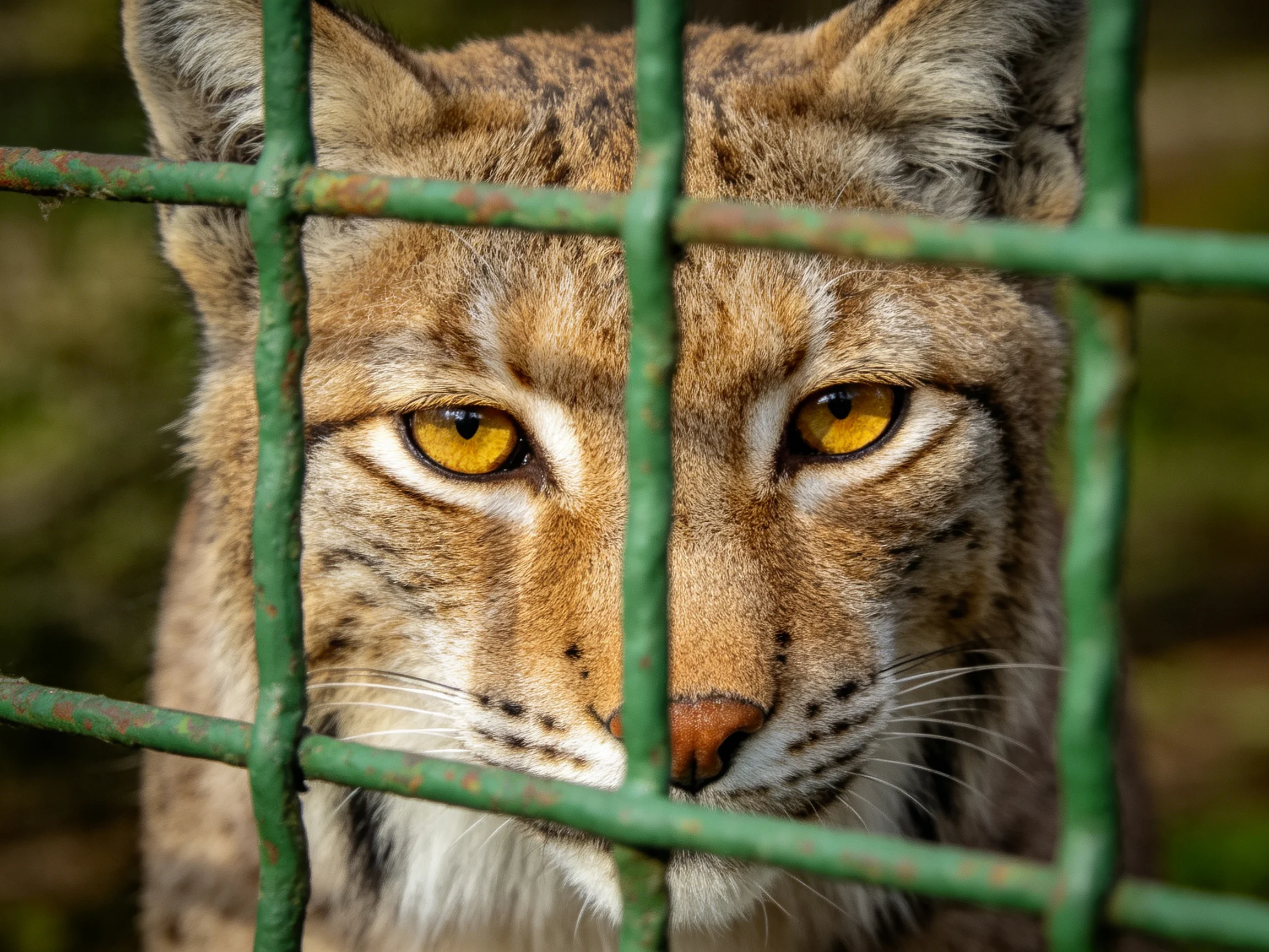 A lynx with golden eyes observes from behind a green metal fence.