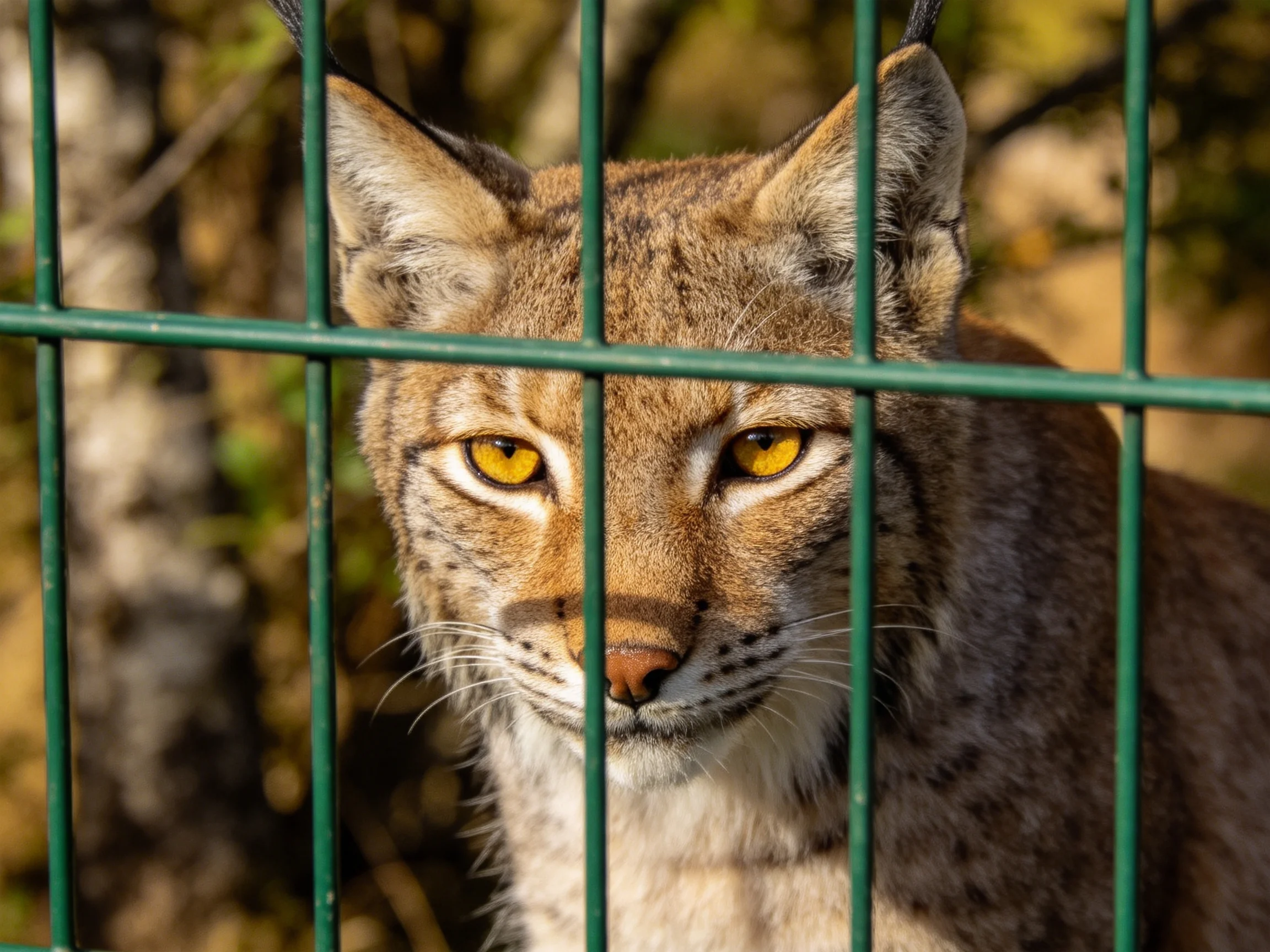 A lynx with golden eyes is viewed through green metal bars.