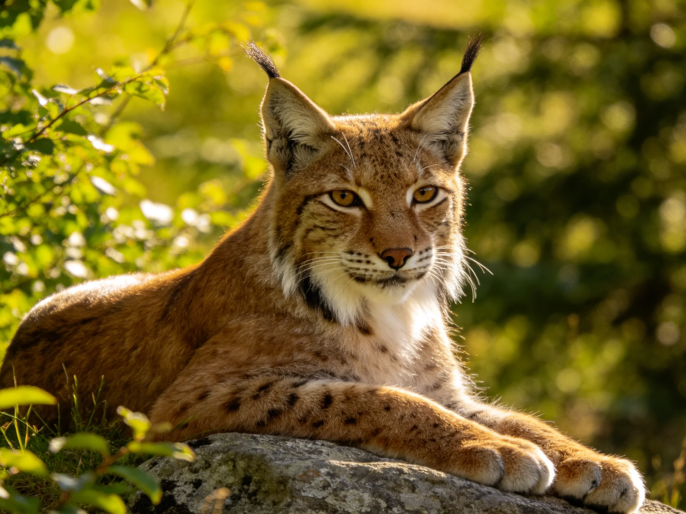 A lynx with spotted fur rests on a mossy rock amid lush green foliage