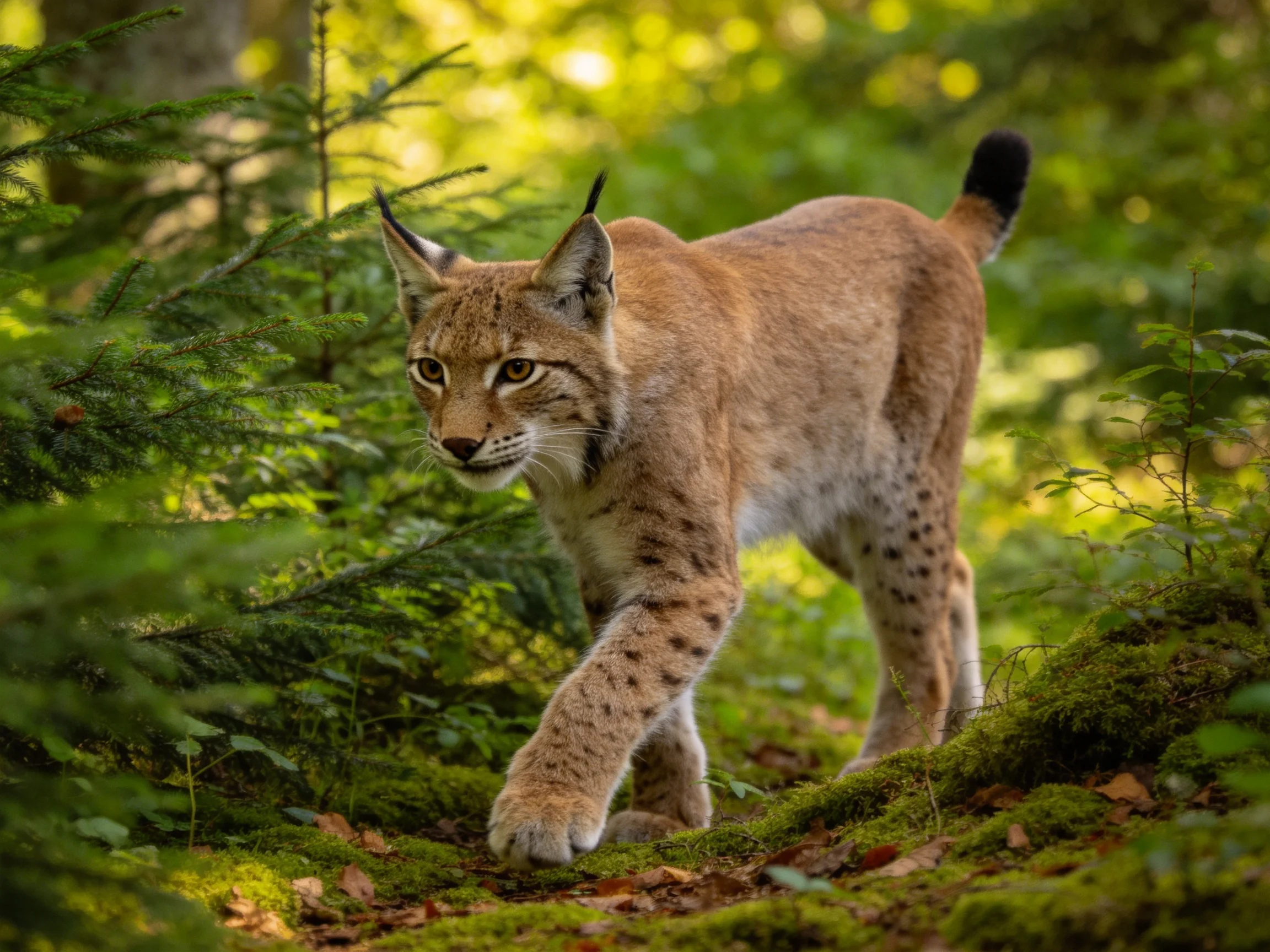 A lynx with spotted fur roams through a mossy, forested environment.