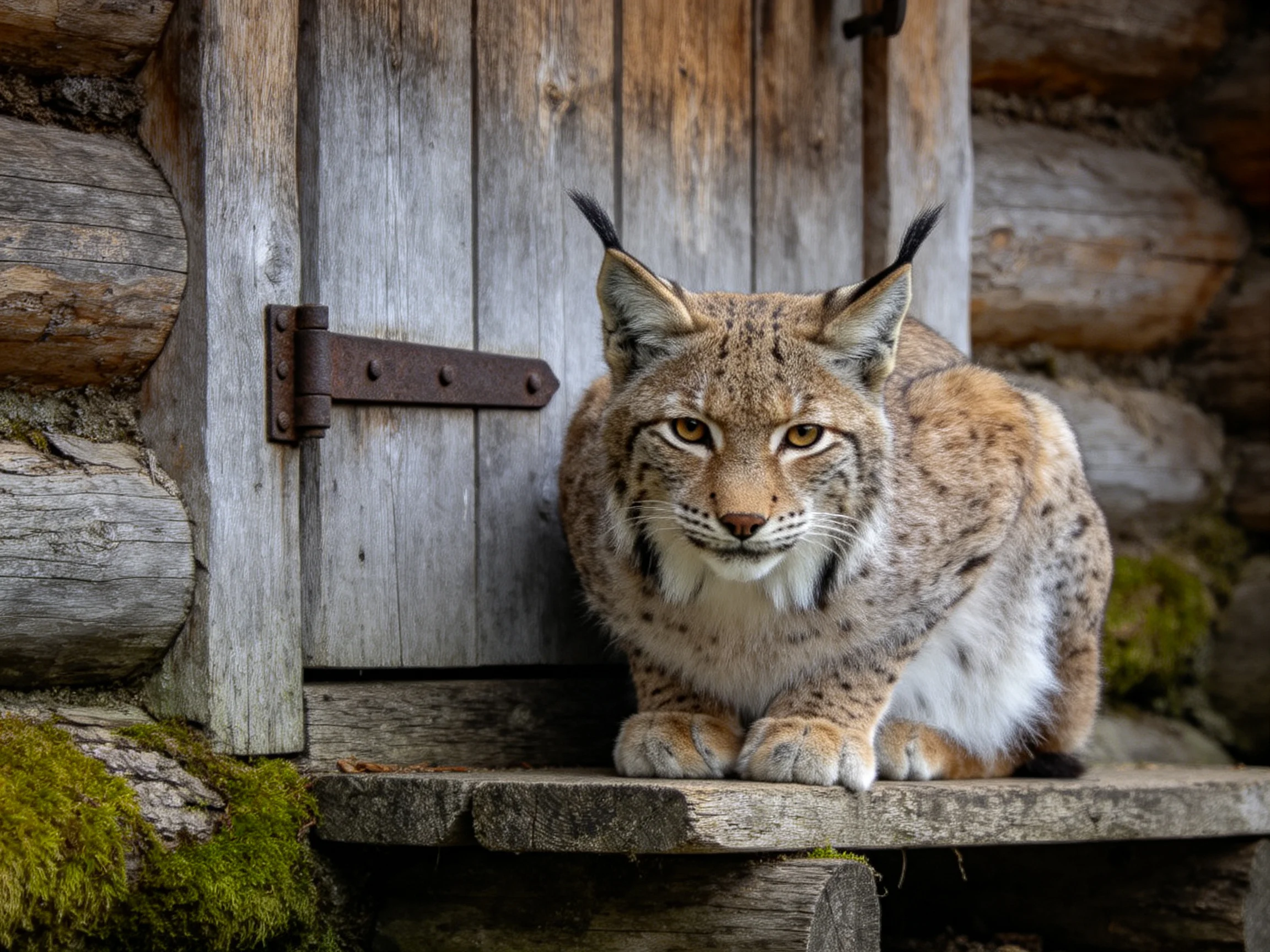 A lynx rests near a rustic wooden cabin door