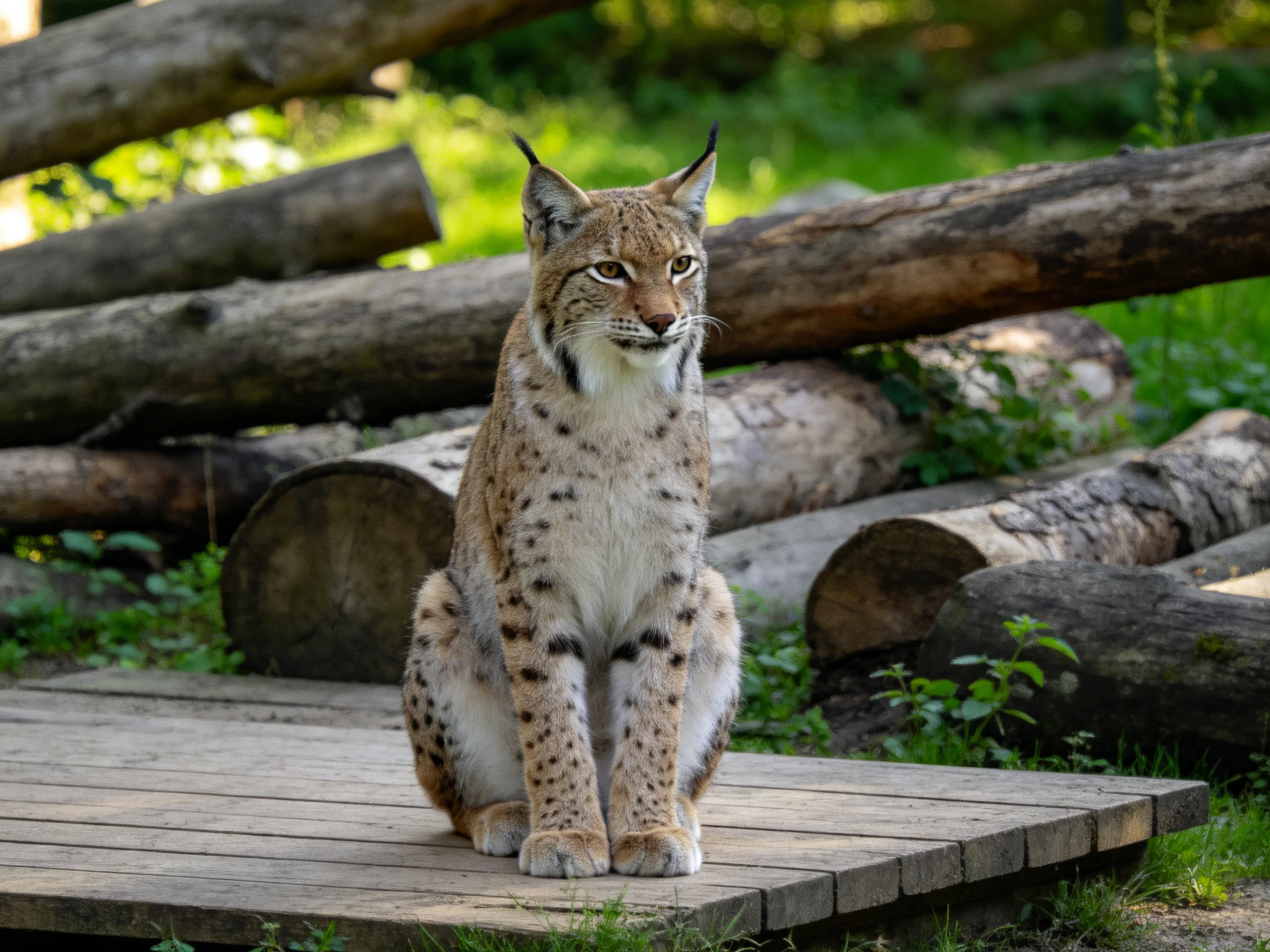 A lynx sits on a wooden platform near stacked logs