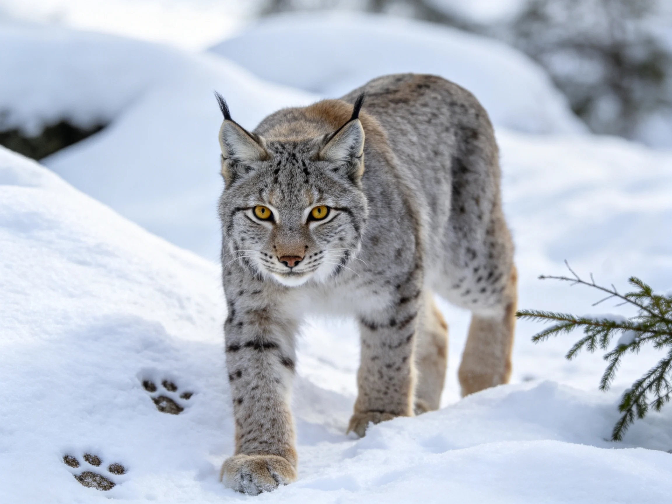 A lynx with spotted fur moves through deep snow.