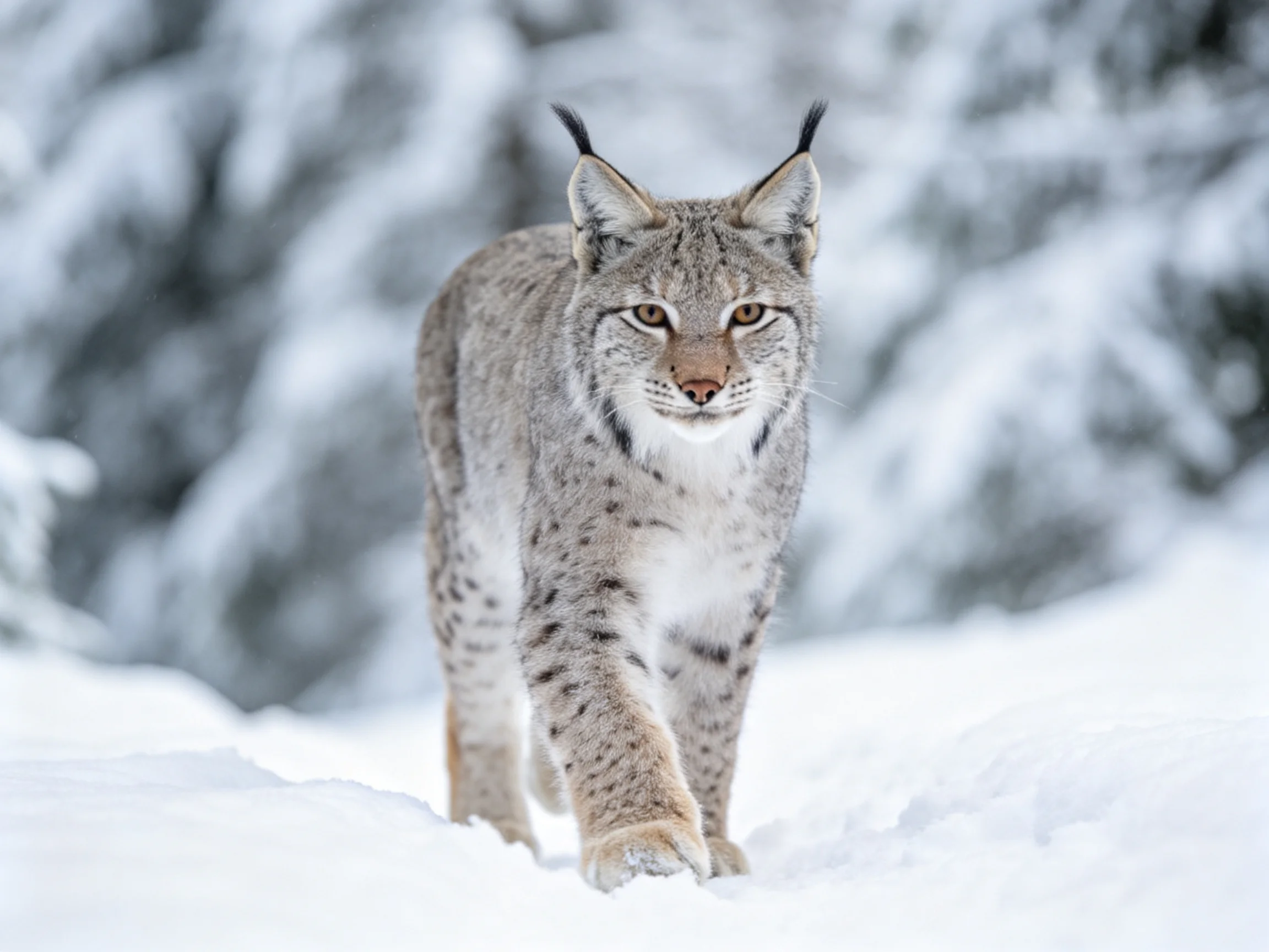 A lynx moves through deep snow in a wintry forest setting.