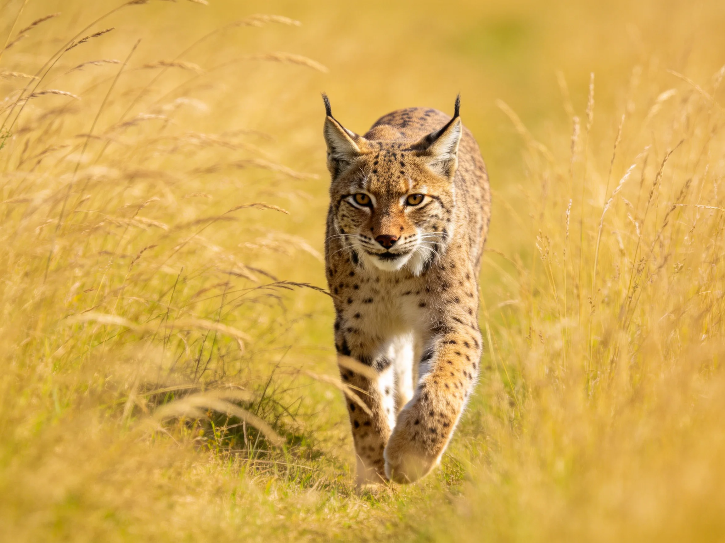 A lynx with spotted fur walks through golden grasses in a sunlit meadow.