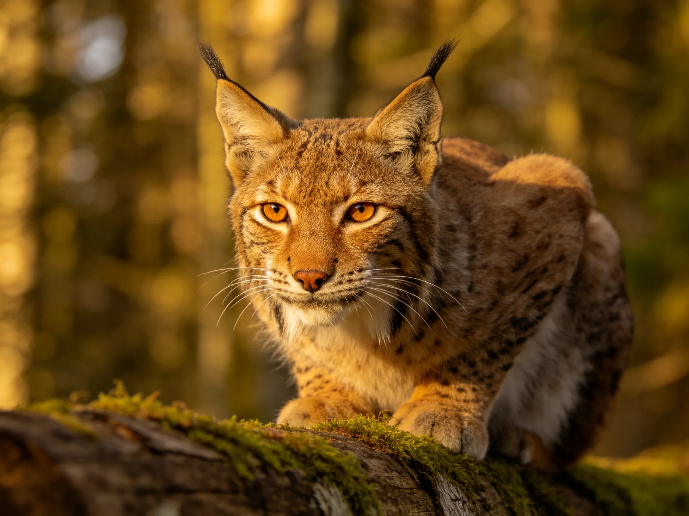 A lynx stands alert on a mossy log amid a sunlit forest backdrop.