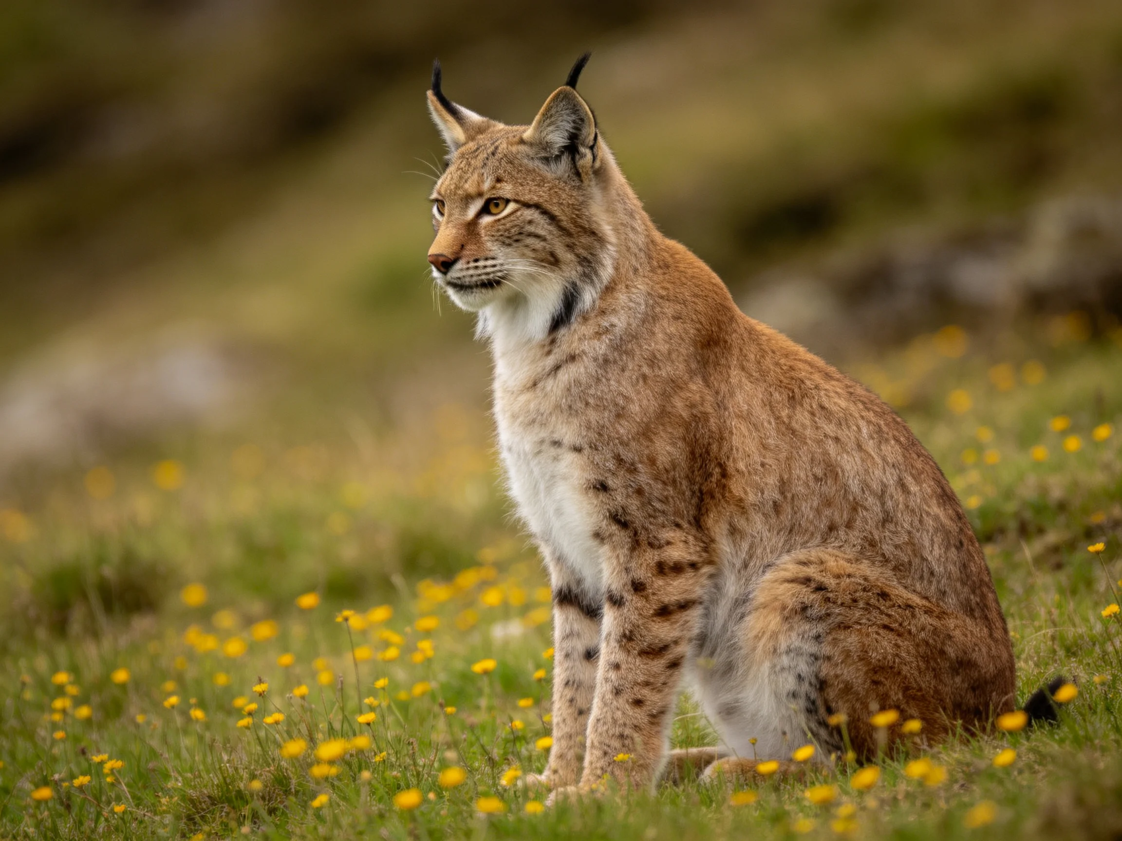 A lynx with tawny fur sits amid yellow wildflowers in a green meadow.