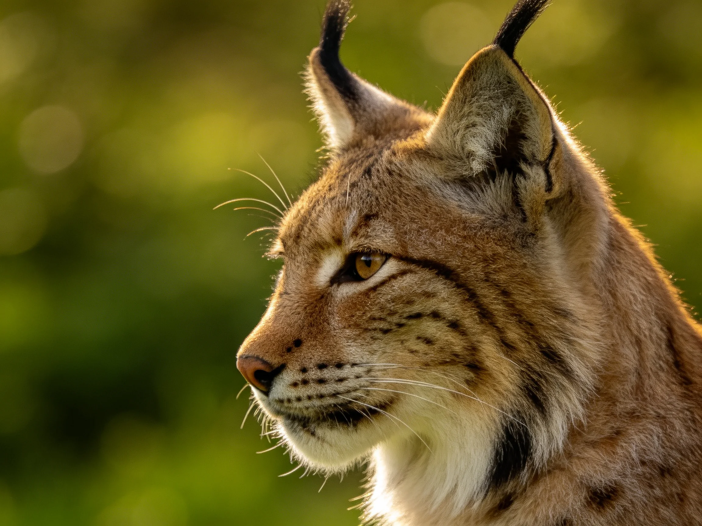 A lynx with prominent ear tufts is shown in profile against a soft green background.