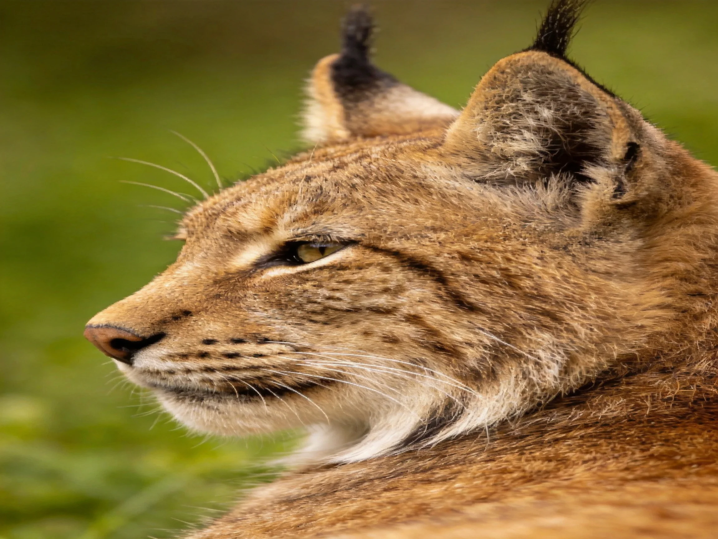 A lynx with tufted ears is in profile against greenery.