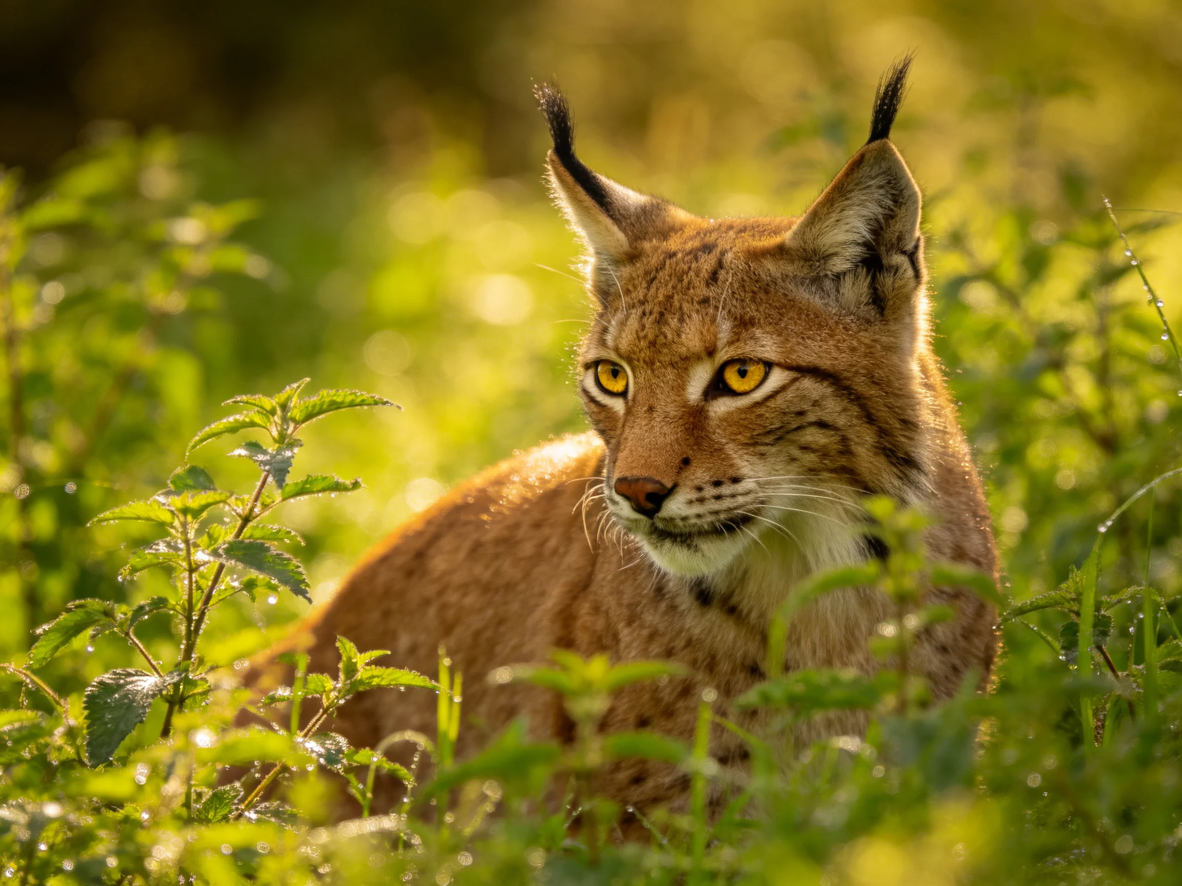 A lynx rests in lush green vegetation illuminated by golden light
