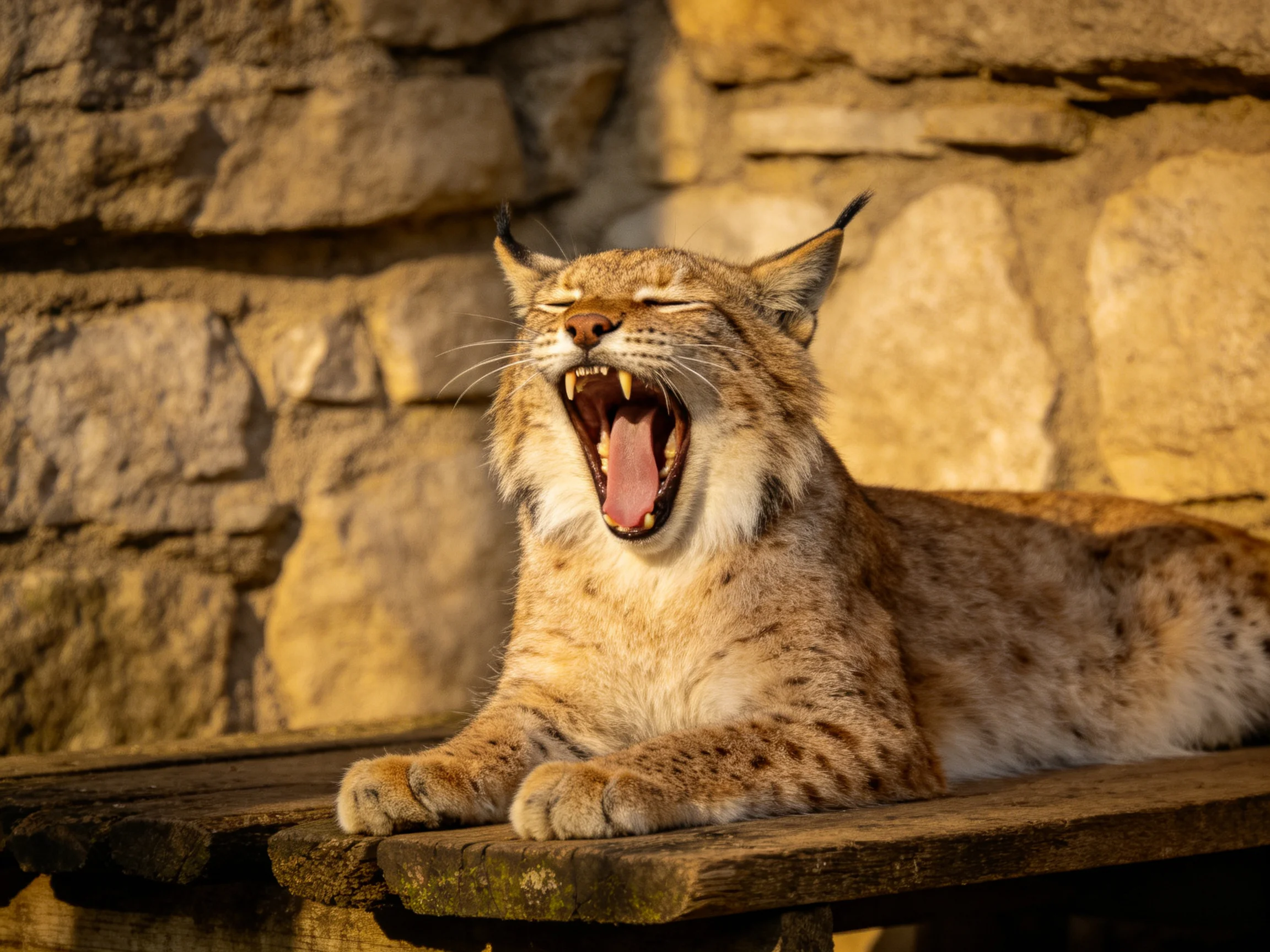 A lynx yawns on a wooden platform near a textured stone wall