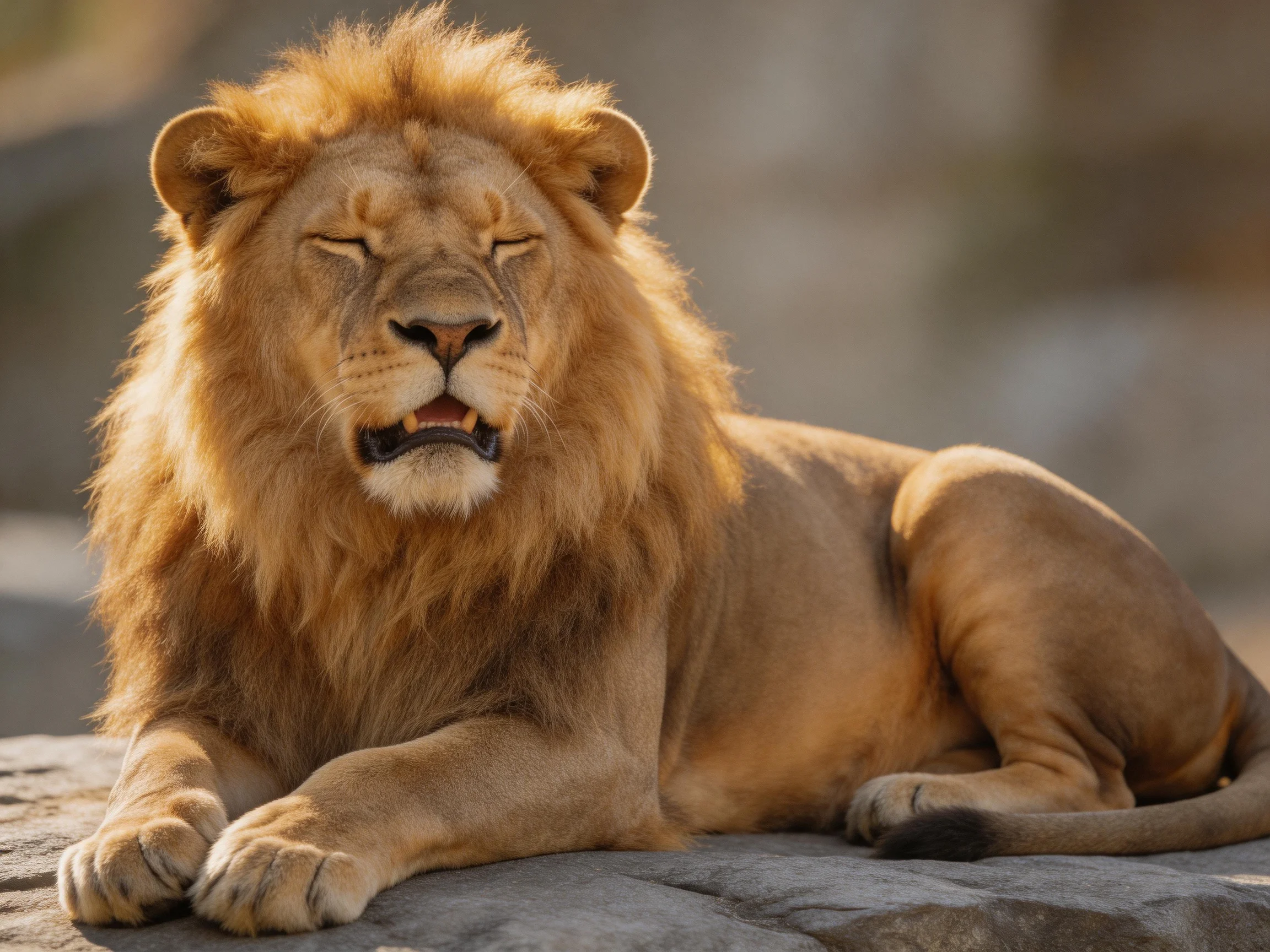 A magnificent golden-maned lion rests on a rocky outcrop